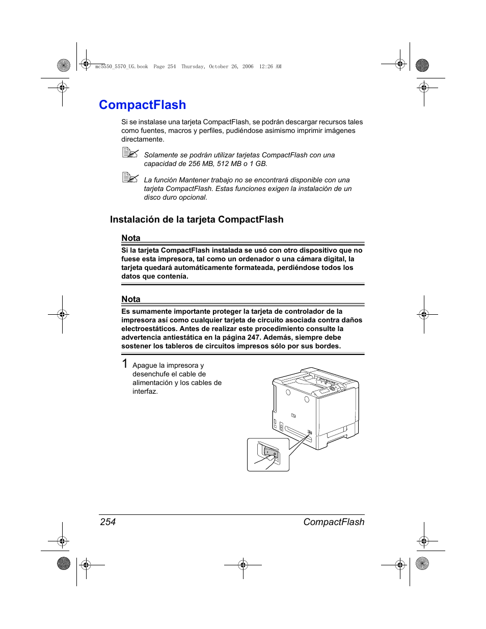 Compactflash, Instalación de la tarjeta compactflash, Compactflash 254 | Instalación de la tarjeta compactflash 254 | Konica Minolta magicolor 5550 User Manual | Page 268 / 304