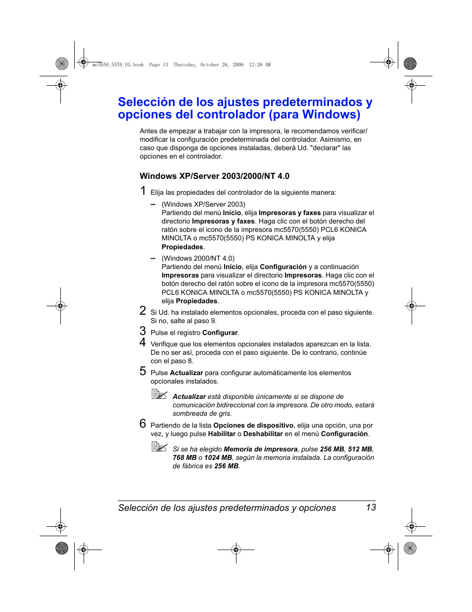 Windows xp/server 2003/2000/nt 4.0, Controlador (para windows) 13, Windows xp/server 2003/2000/nt 4.0 13 | Konica Minolta magicolor 5550 User Manual | Page 27 / 304