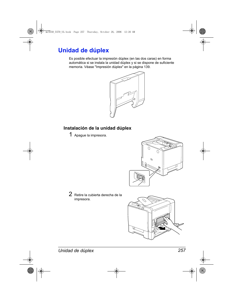 Unidad de dúplex, Instalación de la unidad dúplex, Unidad de dúplex 257 | Instalación de la unidad dúplex 257 | Konica Minolta magicolor 5550 User Manual | Page 271 / 304