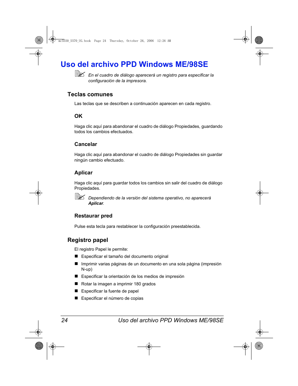 Uso del archivo ppd windows me/98se, Teclas comunes, Cancelar | Aplicar, Restaurar pred, Registro papel, Uso del archivo ppd windows me/98se 24, Teclas comunes 24, Ok 24 cancelar 24 aplicar 24 restaurar pred 24, Registro papel 24 | Konica Minolta magicolor 5550 User Manual | Page 38 / 304