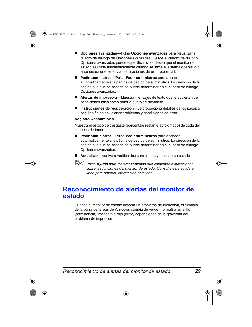 Reconocimiento de alertas del monitor de estado, Reconocimiento de alertas del monitor de estado 29 | Konica Minolta magicolor 5550 User Manual | Page 43 / 304