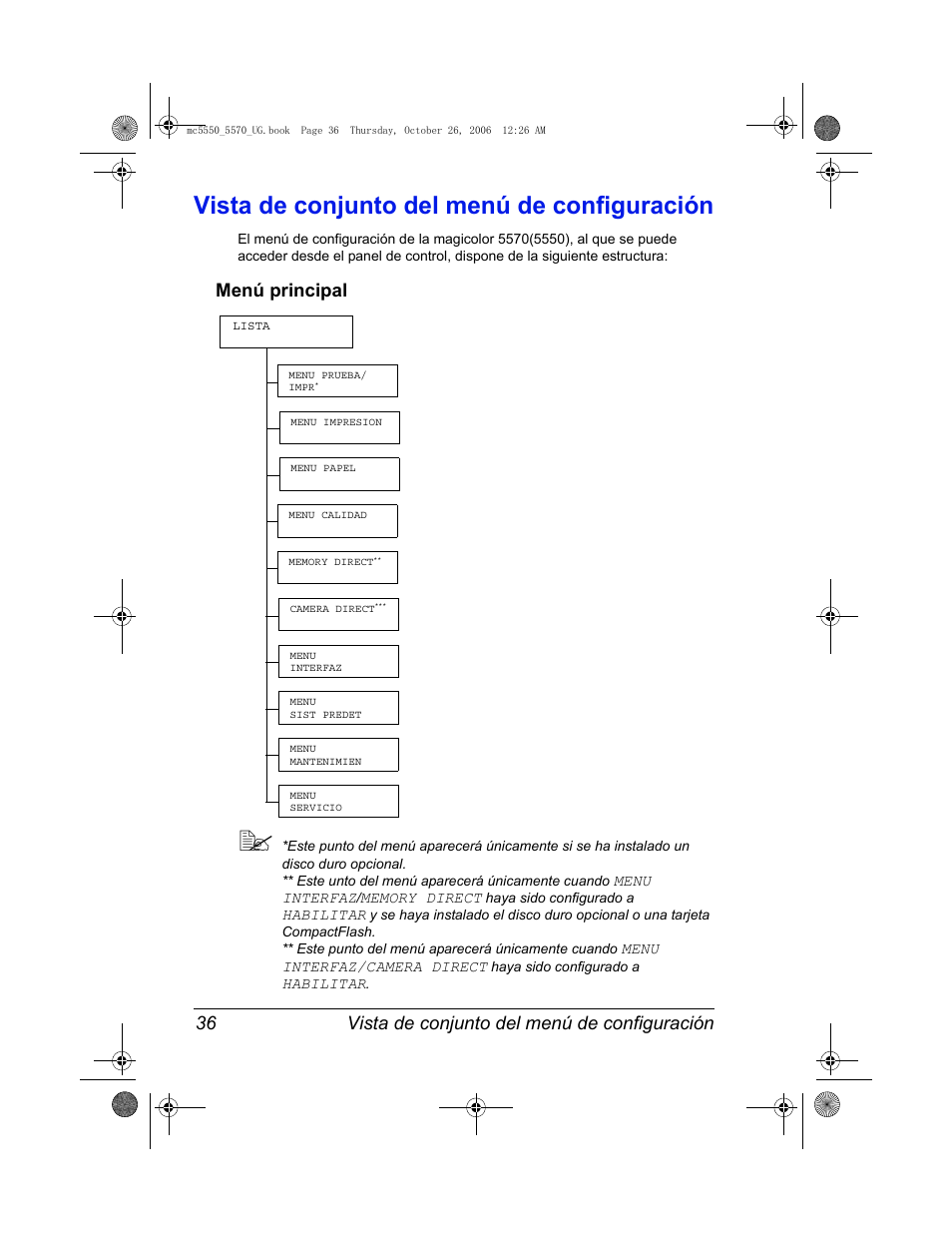 Vista de conjunto del menú de configuración, Menú principal, Vista de conjunto del menú de configuración 36 | Menú principal 36 | Konica Minolta magicolor 5550 User Manual | Page 50 / 304