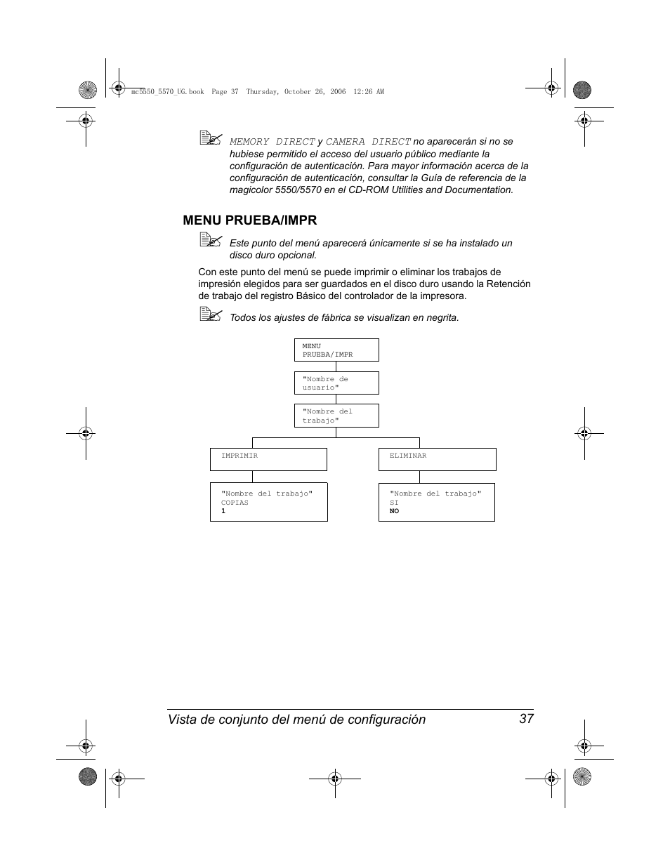 Menu prueba/impr, Menu prueba/impr 37, Vista de conjunto del menú de configuración 37 | Konica Minolta magicolor 5550 User Manual | Page 51 / 304