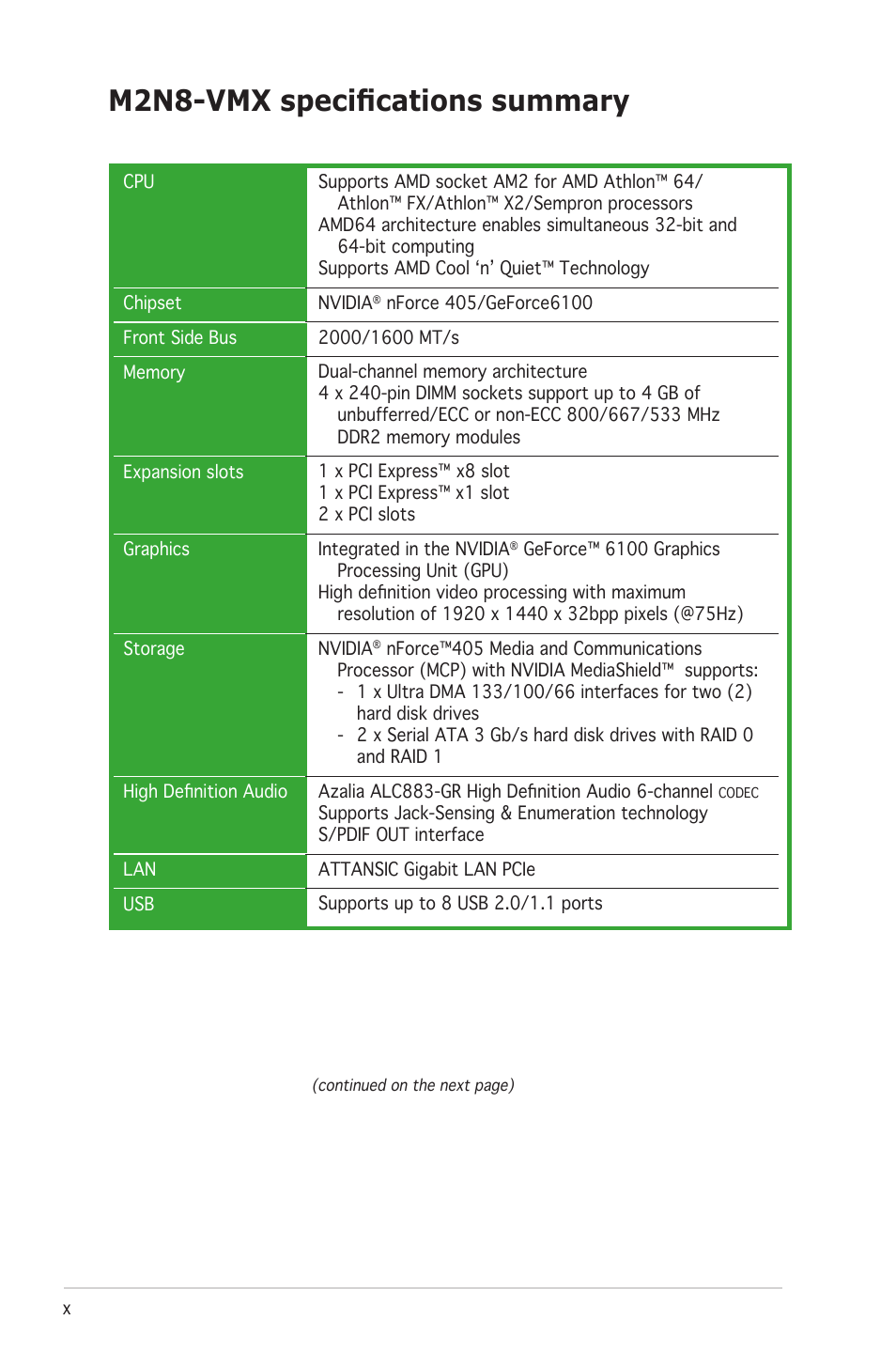 M2n8-vmx specifications summary | Asus M2N8-VMX User Manual | Page 10 / 90