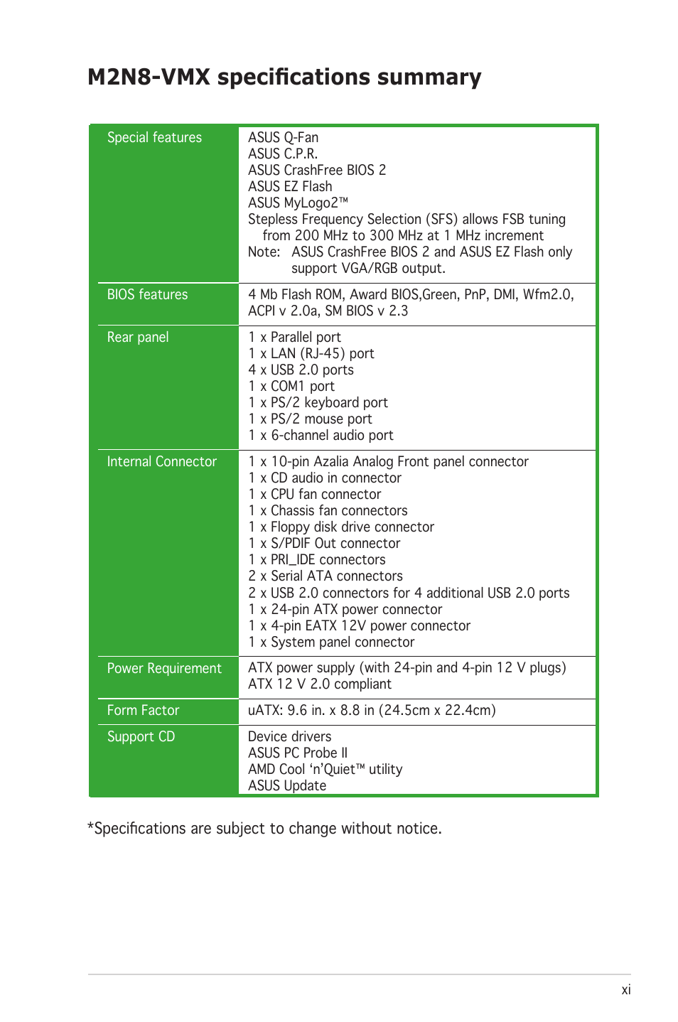 M2n8-vmx specifications summary | Asus M2N8-VMX User Manual | Page 11 / 90