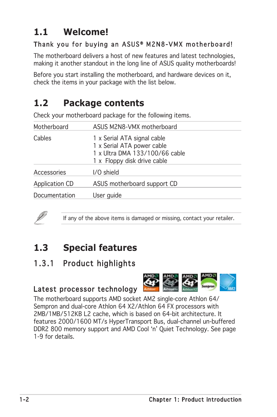 1 welcome, 2 package contents, 3 special features | 1 product highlights | Asus M2N8-VMX User Manual | Page 14 / 90