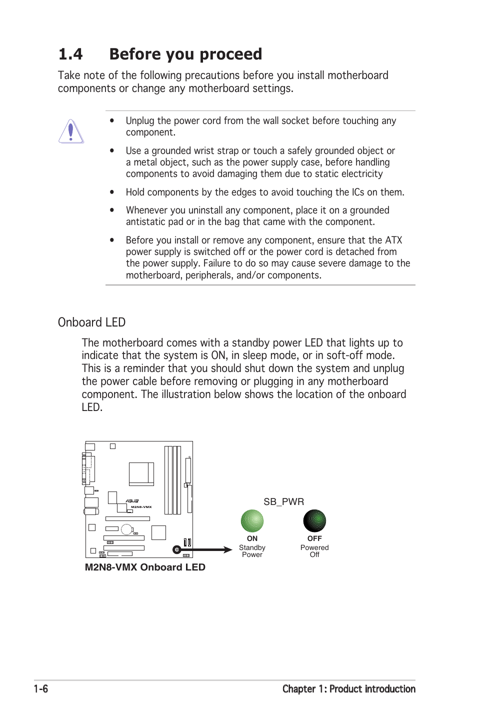 4 before you proceed, Onboard led | Asus M2N8-VMX User Manual | Page 18 / 90