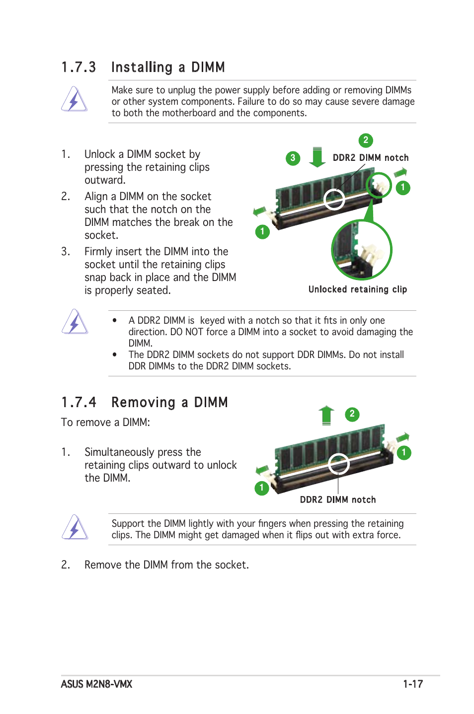 3 installing a dimm, 4 removing a dimm | Asus M2N8-VMX User Manual | Page 29 / 90