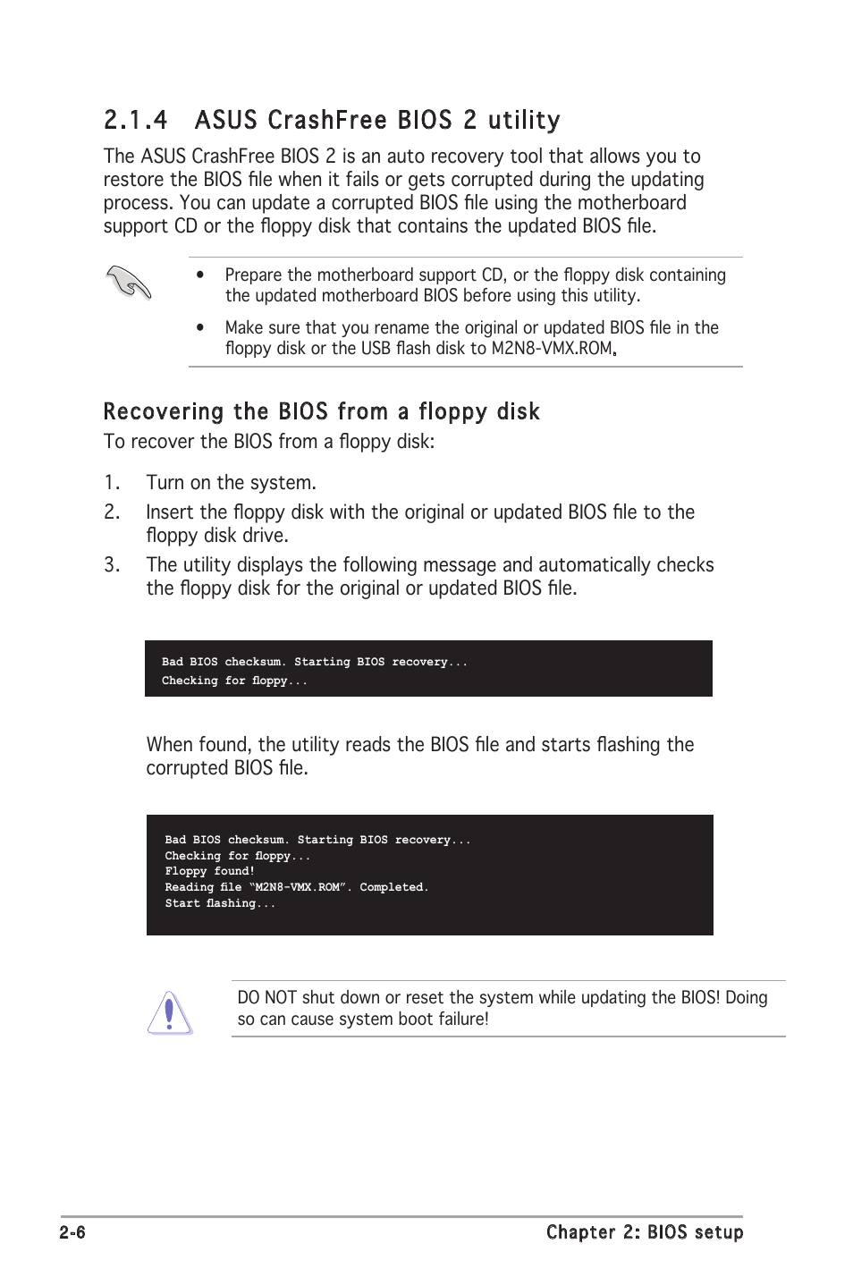 4 asus crashfree bios 2 utility, Recovering the bios from a floppy disk | Asus M2N8-VMX User Manual | Page 50 / 90