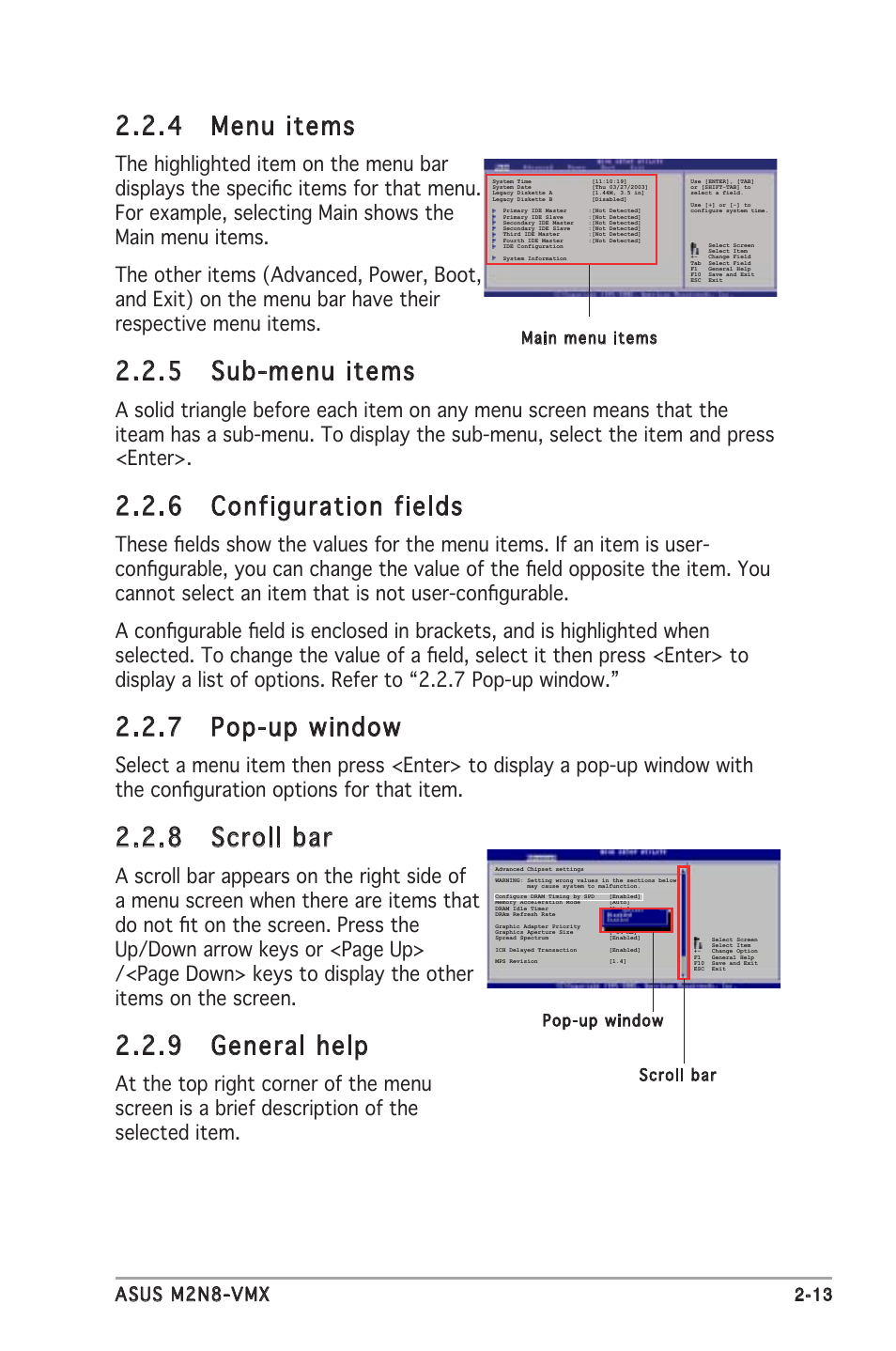 4 menu items, 5 sub-menu items, 6 configuration fields | 7 pop-up window, 8 scroll bar, 9 general help, Asus m2n8-vmx 2-1 | Asus M2N8-VMX User Manual | Page 57 / 90