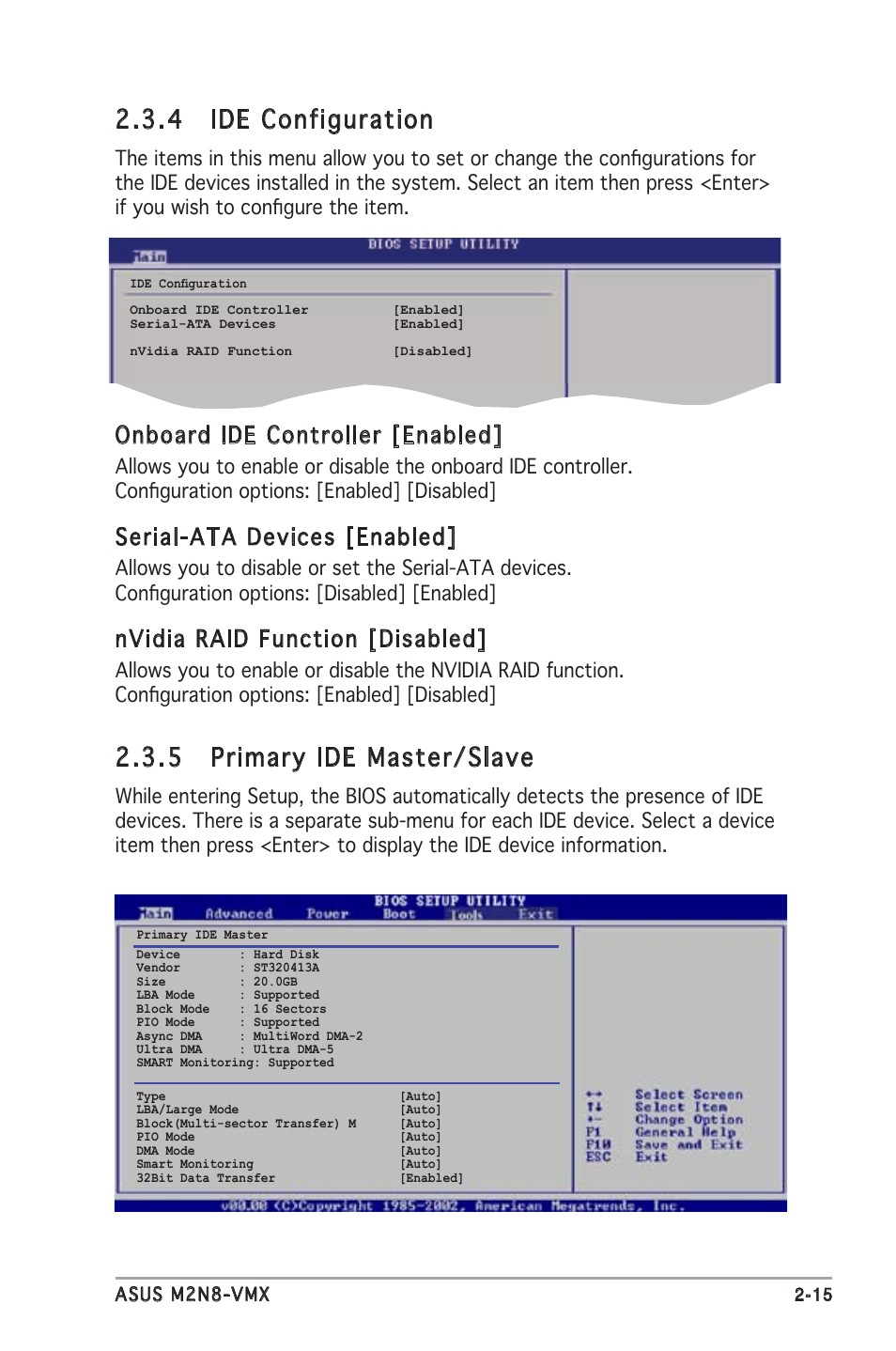 4 ide configuration, 5 primary ide master/slave, Onboard ide controller [enabled | Serial-ata devices [enabled, Nvidia raid function [disabled | Asus M2N8-VMX User Manual | Page 59 / 90