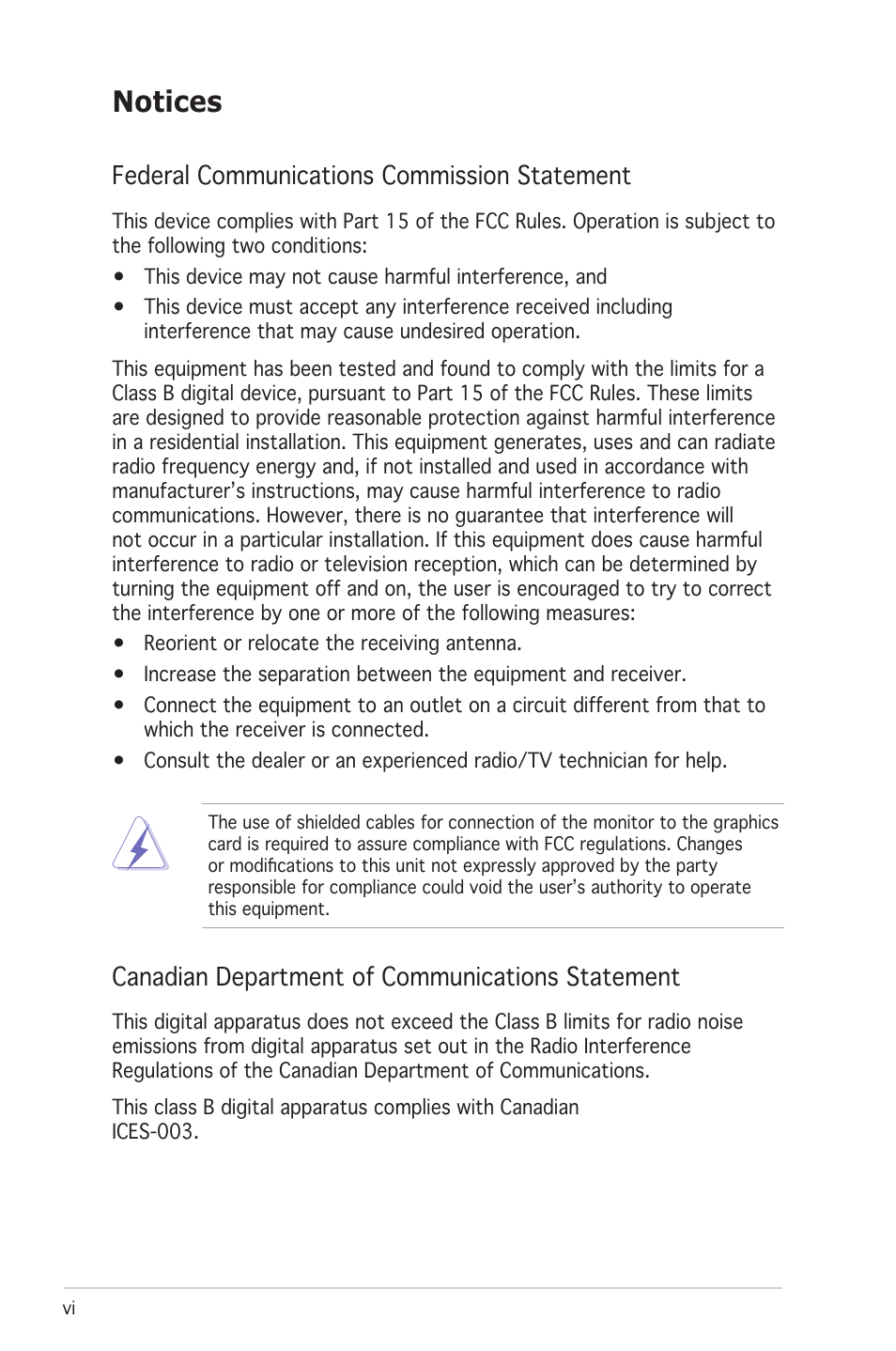 Notices, Federal communications commission statement, Canadian department of communications statement | Asus M2N8-VMX User Manual | Page 6 / 90