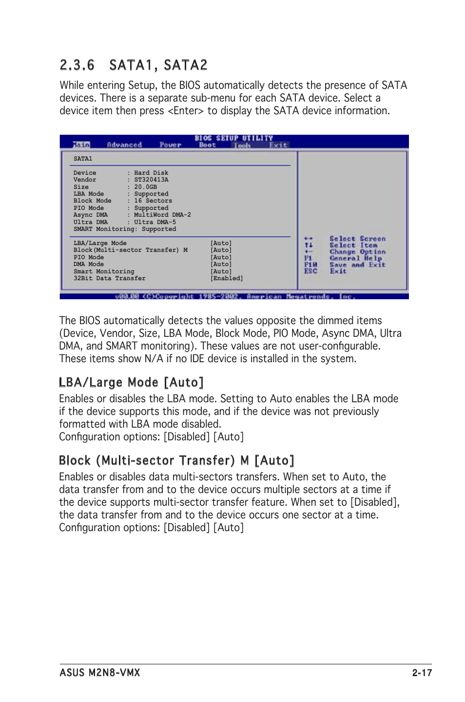 6 sata1, sata2, Lba/large mode [auto, Block (multi-sector transfer) m [auto | Asus M2N8-VMX User Manual | Page 61 / 90