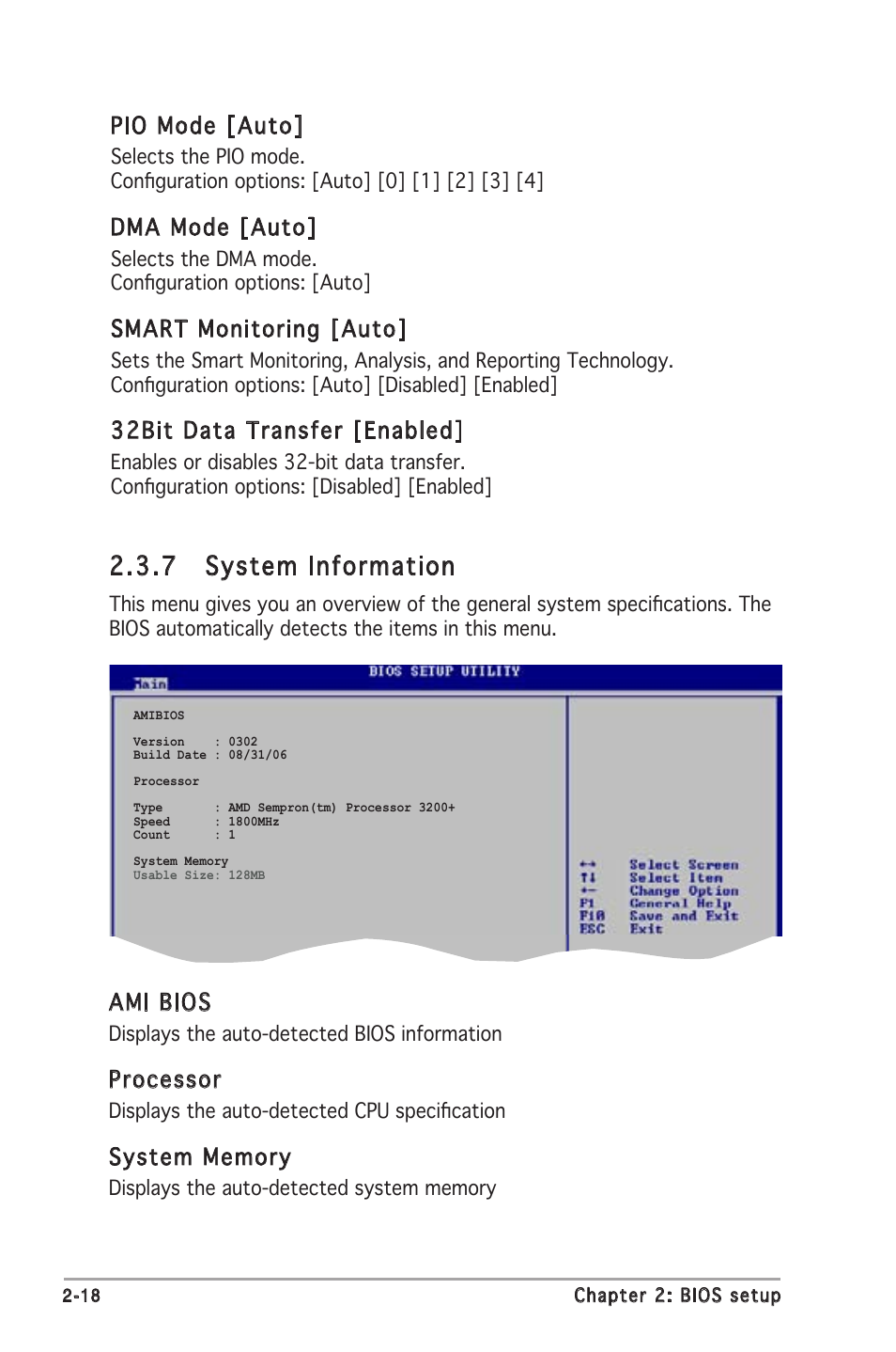7 system information, Pio mode [auto, Dma mode [auto | Smart monitoring [auto, 32bit data transfer [enabled, Ami bios, Processor | Asus M2N8-VMX User Manual | Page 62 / 90
