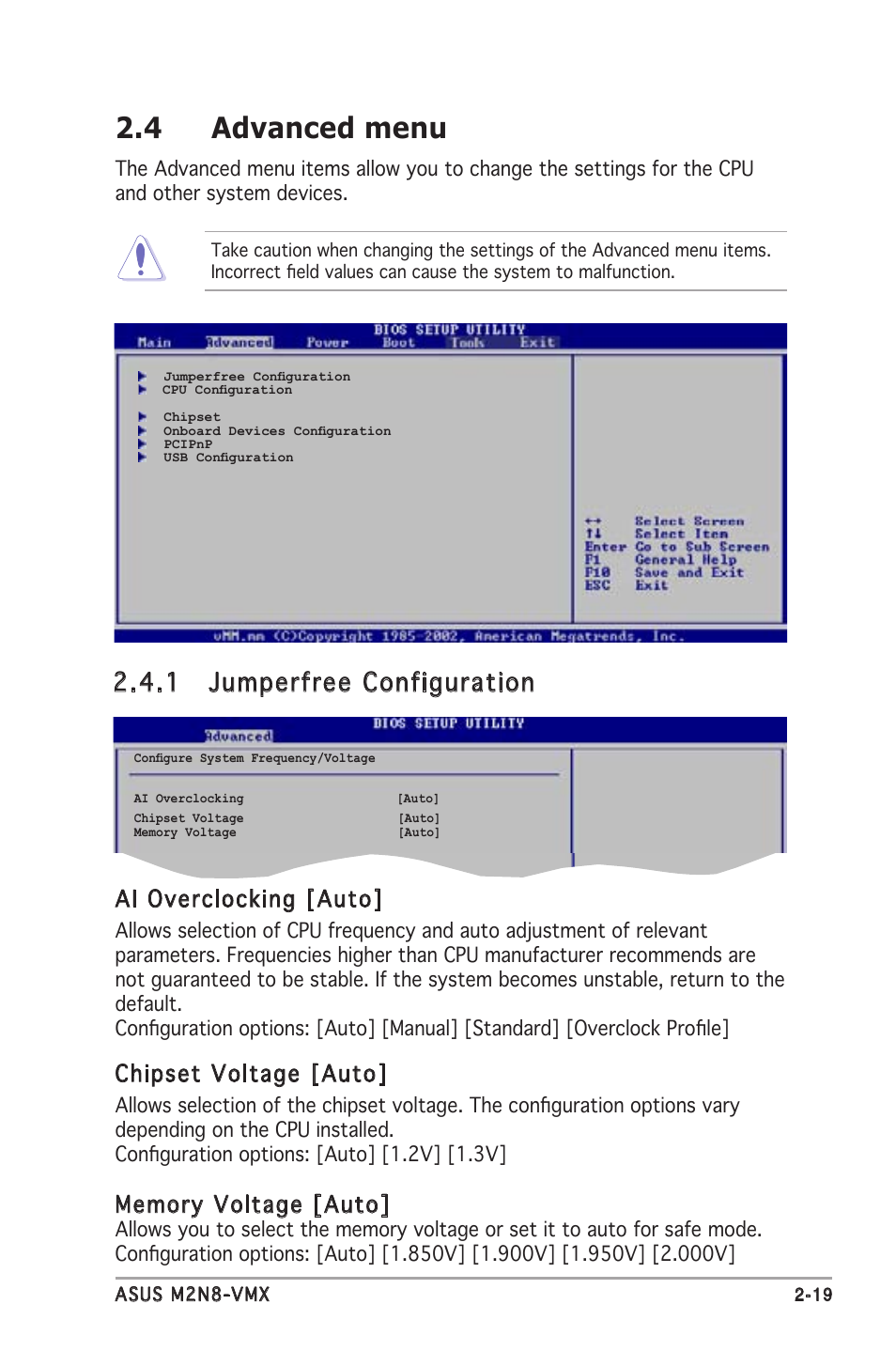 4 advanced menu, 1 jumperfree configuration, Ai overclocking [auto | Chipset voltage [auto | Asus M2N8-VMX User Manual | Page 63 / 90