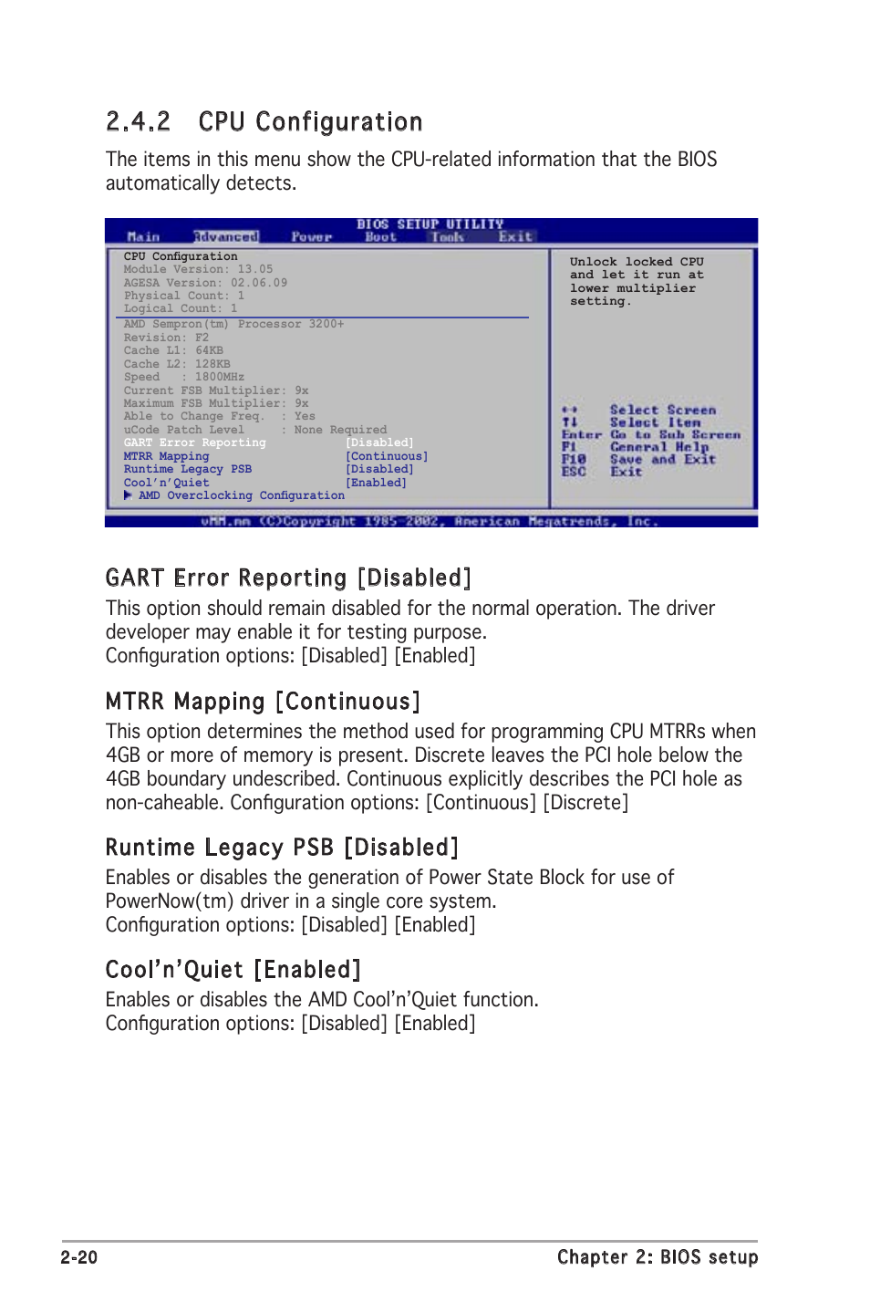 2 cpu configuration, Gart error reporting [disabled, Mtrr mapping [continuous | Runtime legacy psb [disabled, Cool’n’quiet [enabled | Asus M2N8-VMX User Manual | Page 64 / 90