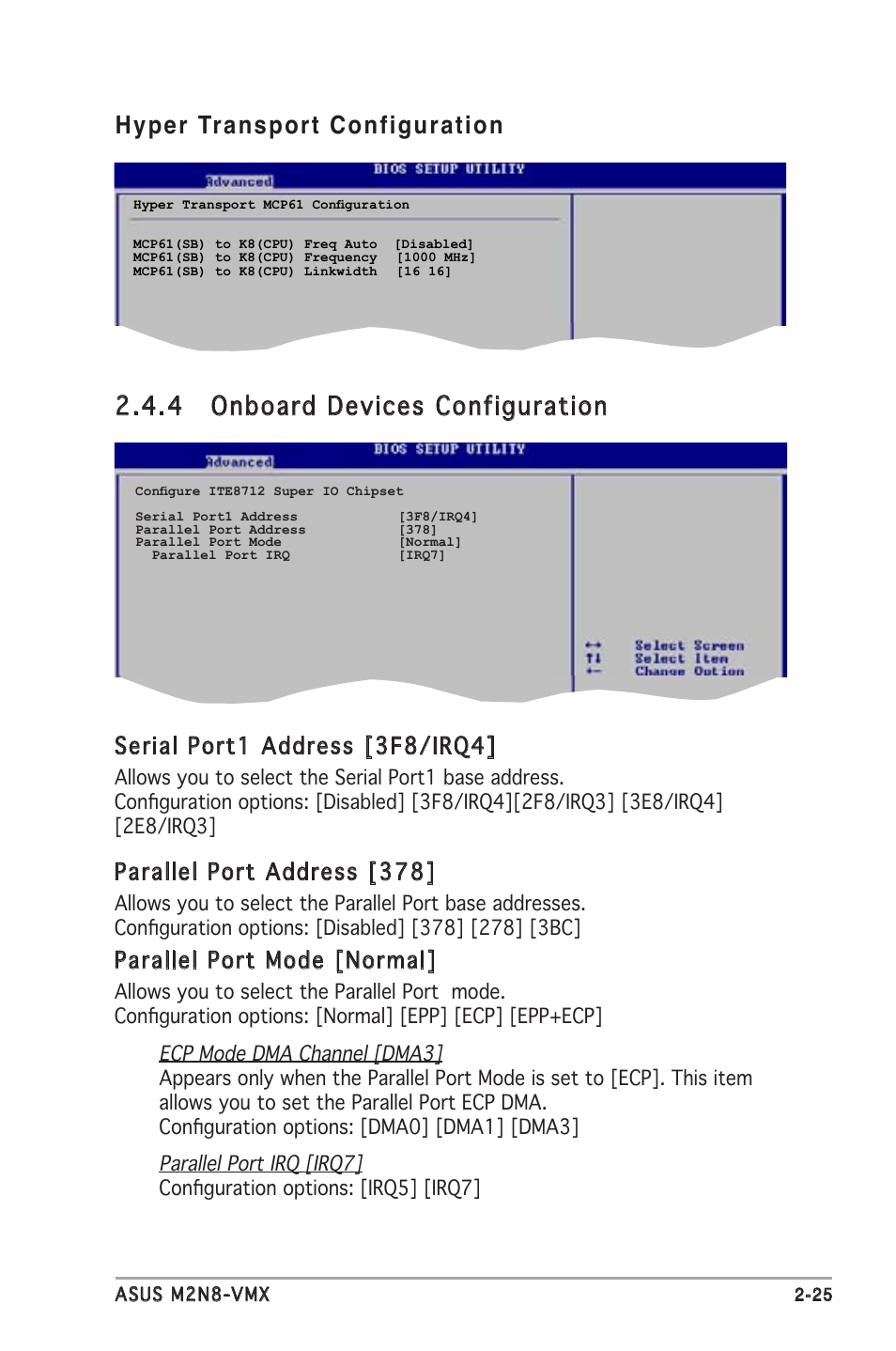 Serial port1 address [3f8/irq4, Parallel port address [378, Parallel port mode [normal | Asus M2N8-VMX User Manual | Page 69 / 90