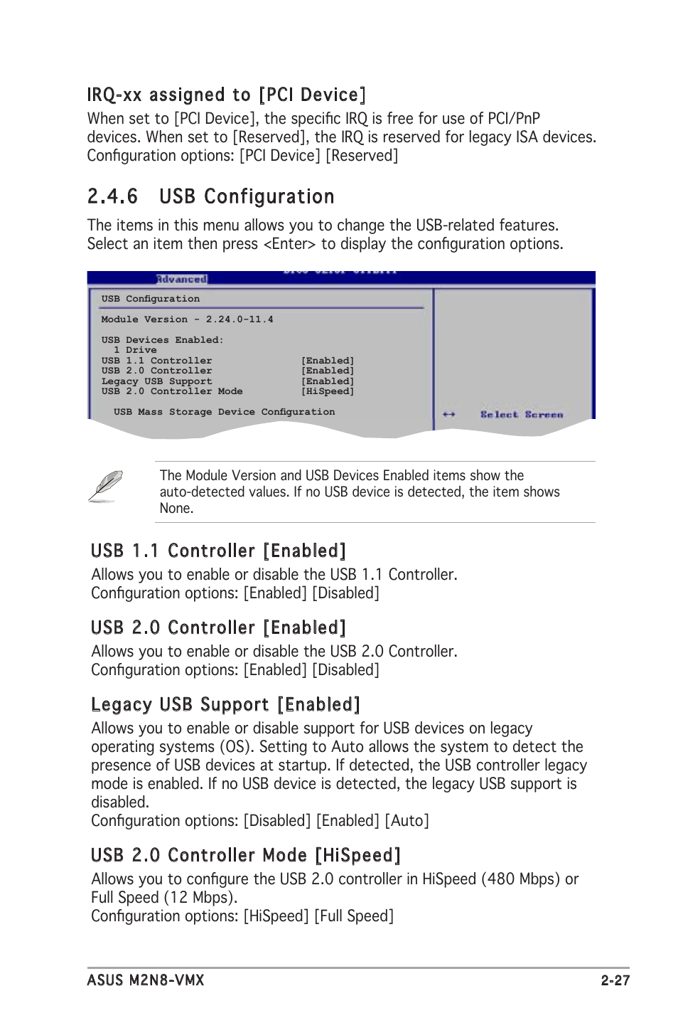 6 usb configuration, Usb 1.1 controller [enabled, Usb 2.0 controller [enabled | Legacy usb support [enabled, Usb 2.0 controller mode [hispeed, Irq-xx assigned to [pci device | Asus M2N8-VMX User Manual | Page 71 / 90