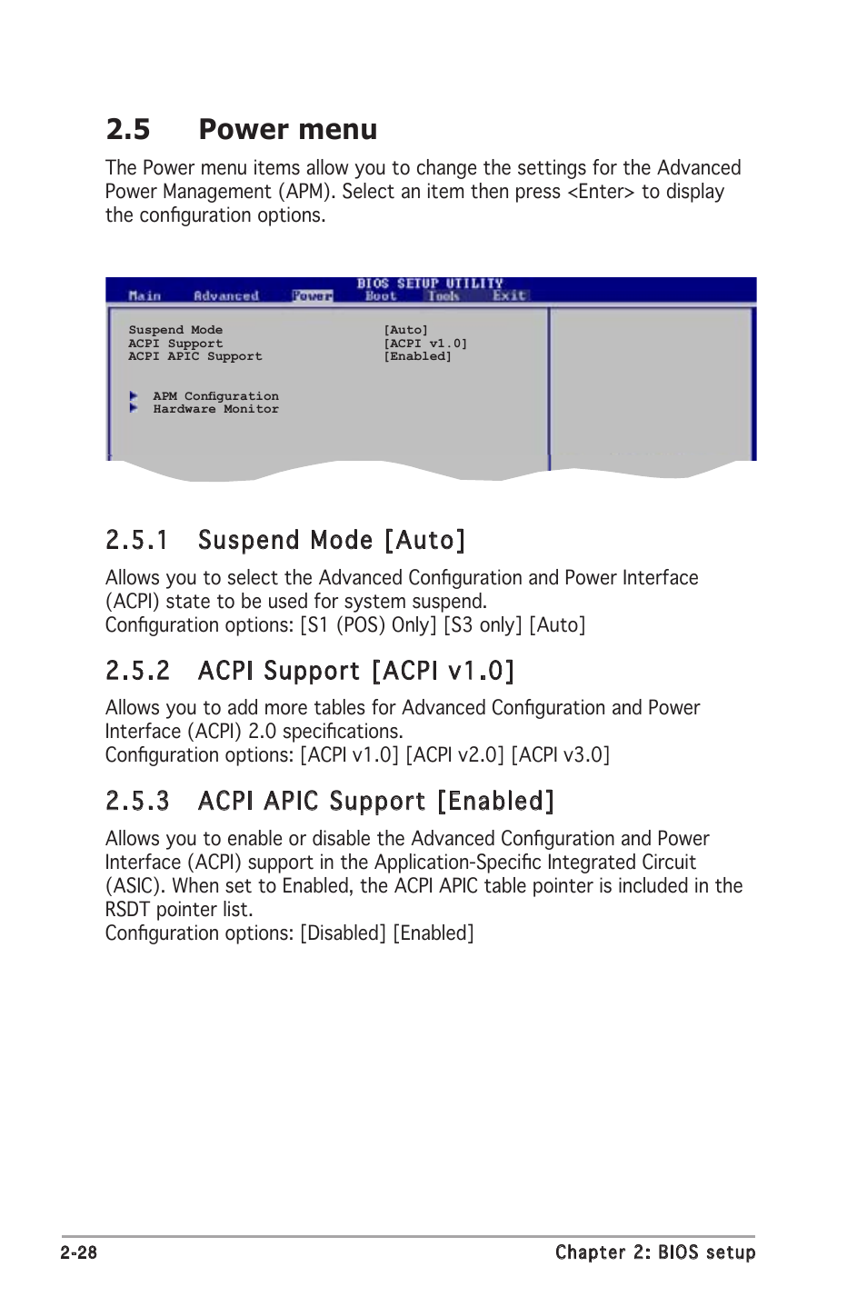 5 power menu, 1 suspend mode [auto, 2 acpi support [acpi v1.0 | 3 acpi apic support [enabled | Asus M2N8-VMX User Manual | Page 72 / 90