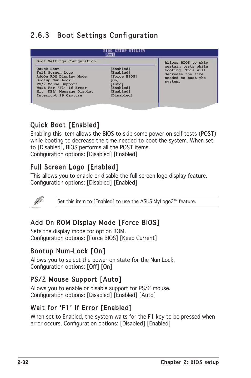 3 boot settings configuration, Quick boot [enabled, Full screen logo [enabled | Add on rom display mode [force bios, Bootup num-lock [on, Ps/2 mouse support [auto, Wait for ‘f1’ if error [enabled | Asus M2N8-VMX User Manual | Page 76 / 90