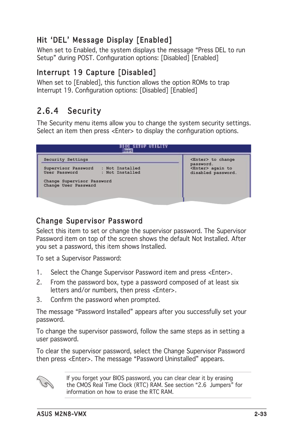 4 security, Hit ‘del’ message display [enabled, Interrupt 19 capture [disabled | Change supervisor password | Asus M2N8-VMX User Manual | Page 77 / 90