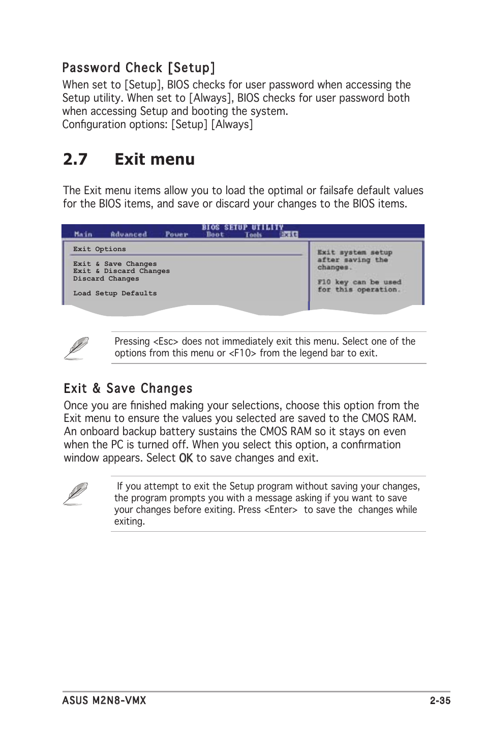 7 exit menu, Password check [setup, Exit & save changes | Asus M2N8-VMX User Manual | Page 79 / 90