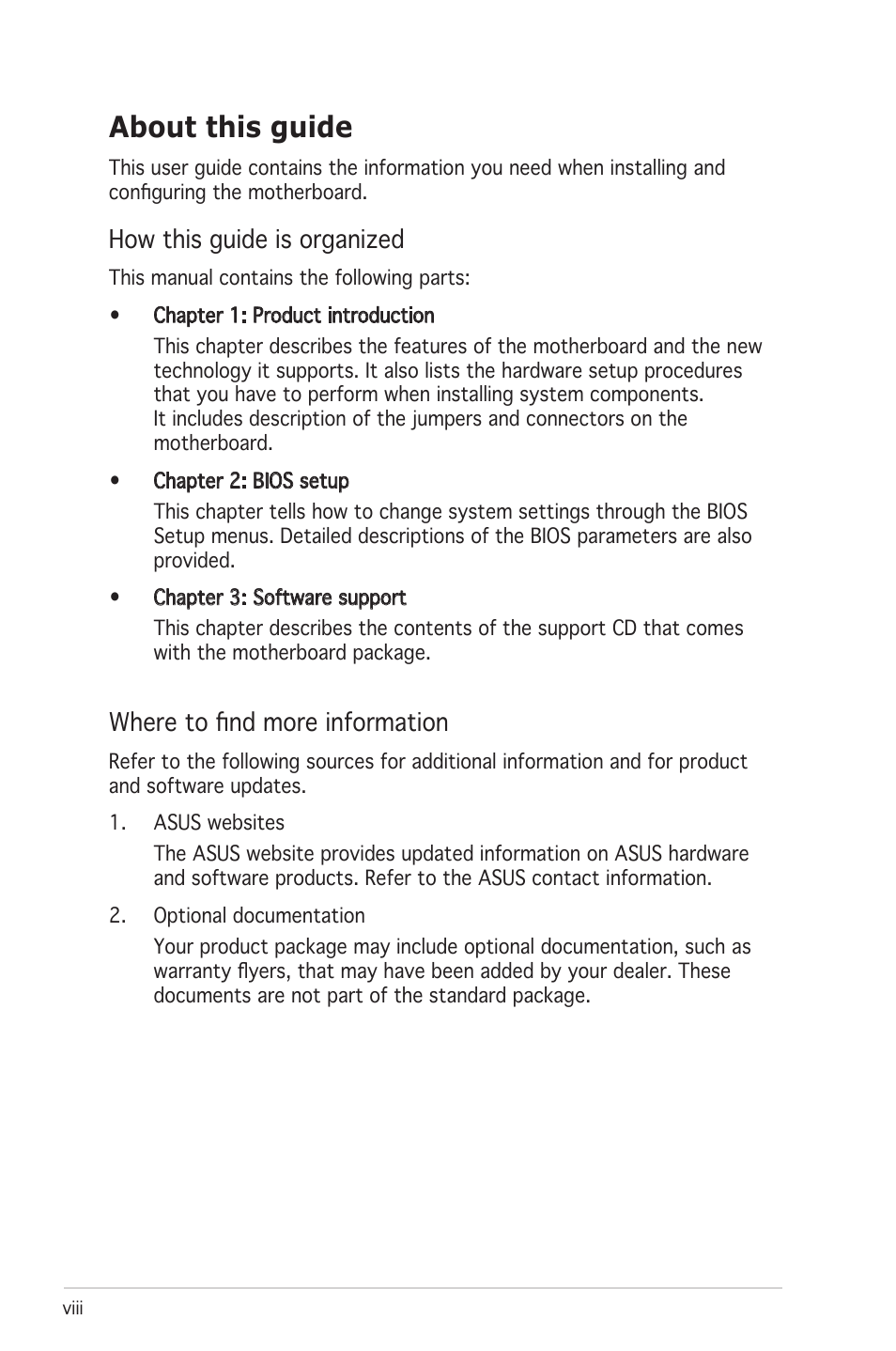 About this guide, How this guide is organized, Where to find more information | Asus M2N8-VMX User Manual | Page 8 / 90