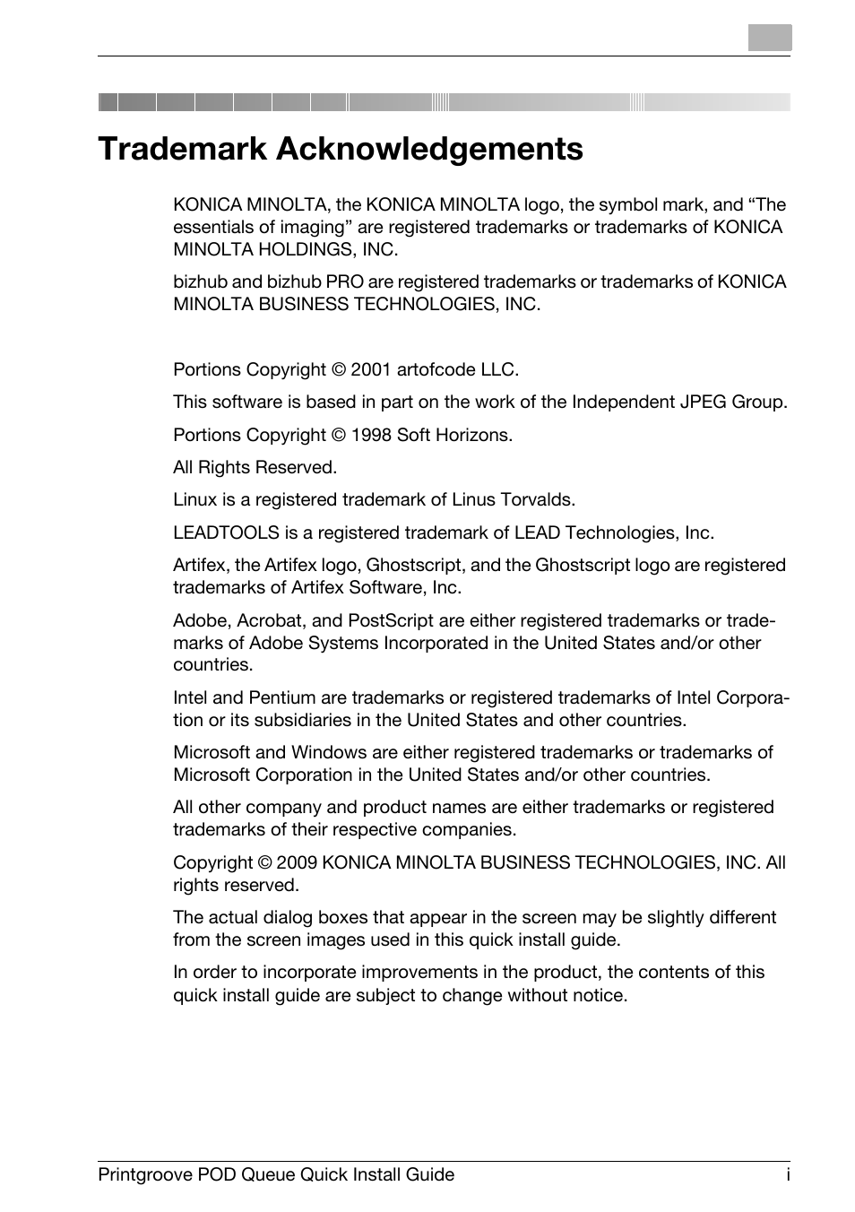 Trademark acknowledgements | Konica Minolta Printgroove User Manual | Page 2 / 56