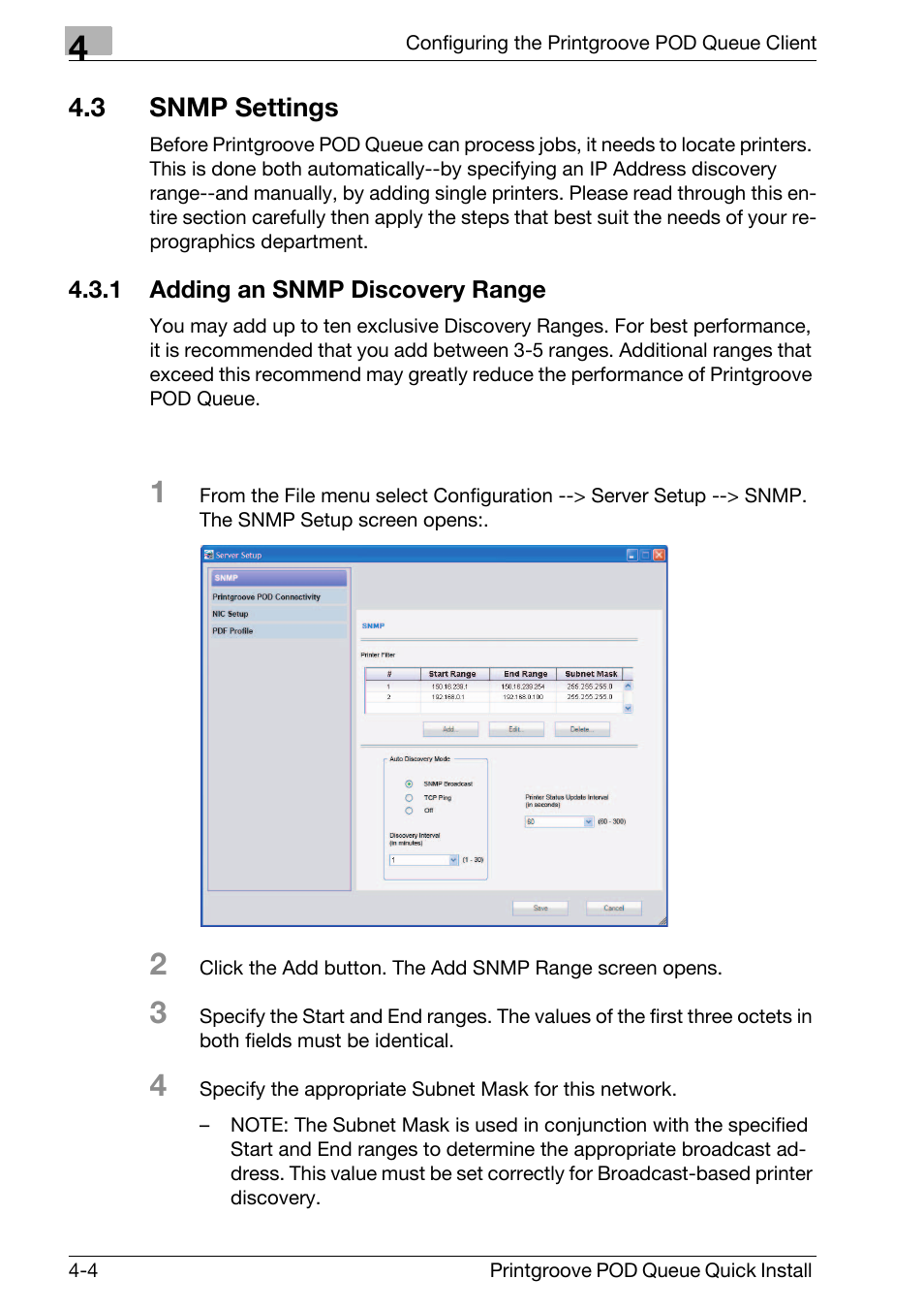 3 snmp settings, Snmp settings -4, Adding an snmp discovery range -4 | Konica Minolta Printgroove User Manual | Page 25 / 56