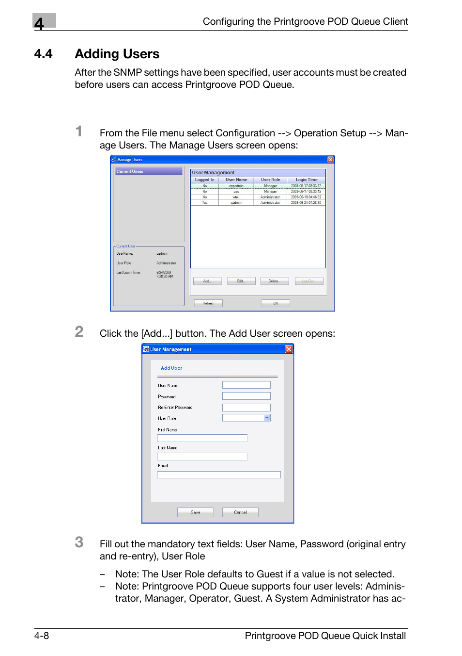 4 adding users, Adding users -8 | Konica Minolta Printgroove User Manual | Page 29 / 56