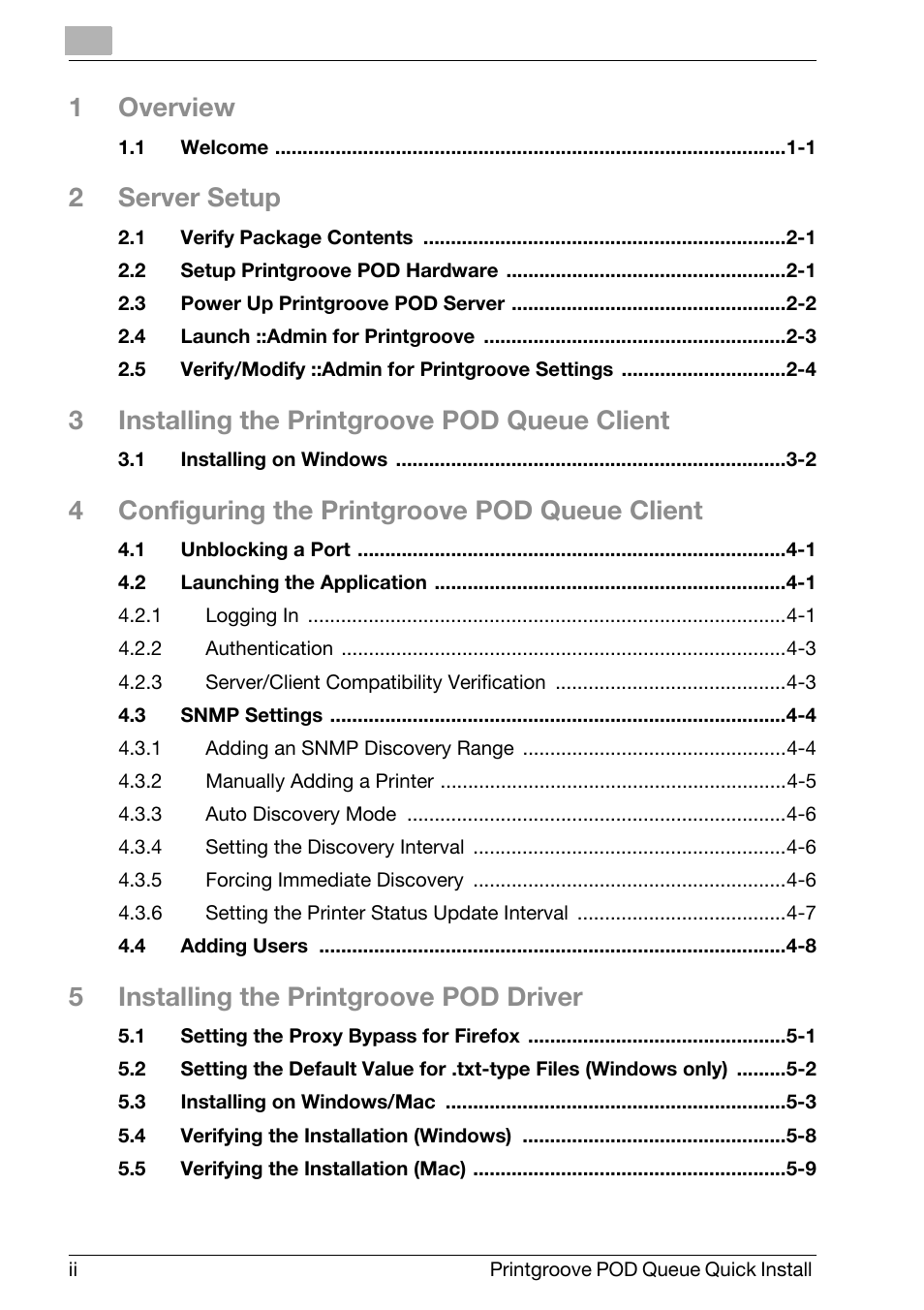 1overview, 2server setup, 3installing the printgroove pod queue client | 4configuring the printgroove pod queue client, 5installing the printgroove pod driver | Konica Minolta Printgroove User Manual | Page 3 / 56