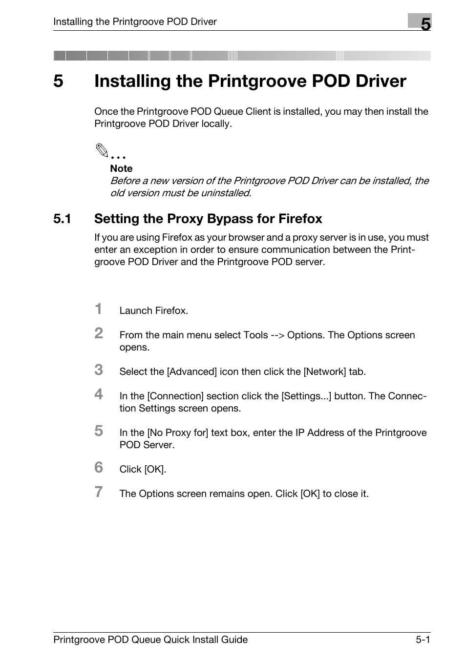 5 installing the printgroove pod driver, 1 setting the proxy bypass for firefox, Installing the printgroove pod driver | Setting the proxy bypass for firefox -1, 5installing the printgroove pod driver | Konica Minolta Printgroove User Manual | Page 32 / 56
