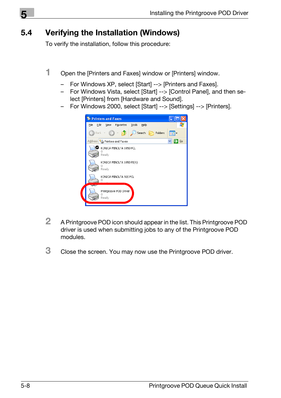 4 verifying the installation (windows), Verifying the installation (windows) -8 | Konica Minolta Printgroove User Manual | Page 39 / 56