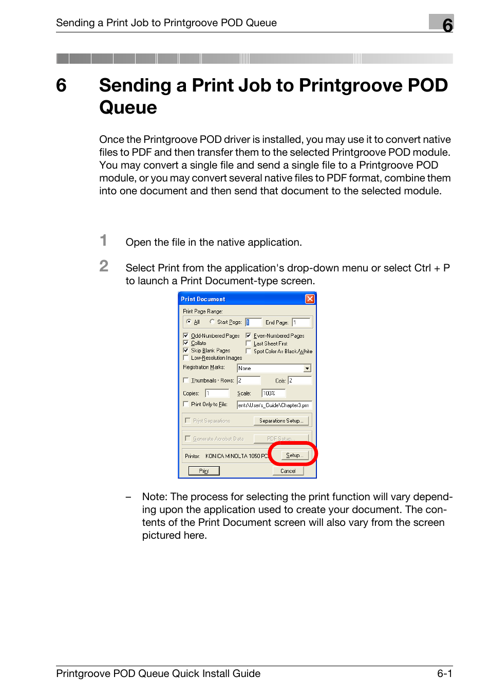 6 sending a print job to printgroove pod queue, Sending a print job to printgroove pod queue, 6sending a print job to printgroove pod queue | Konica Minolta Printgroove User Manual | Page 42 / 56