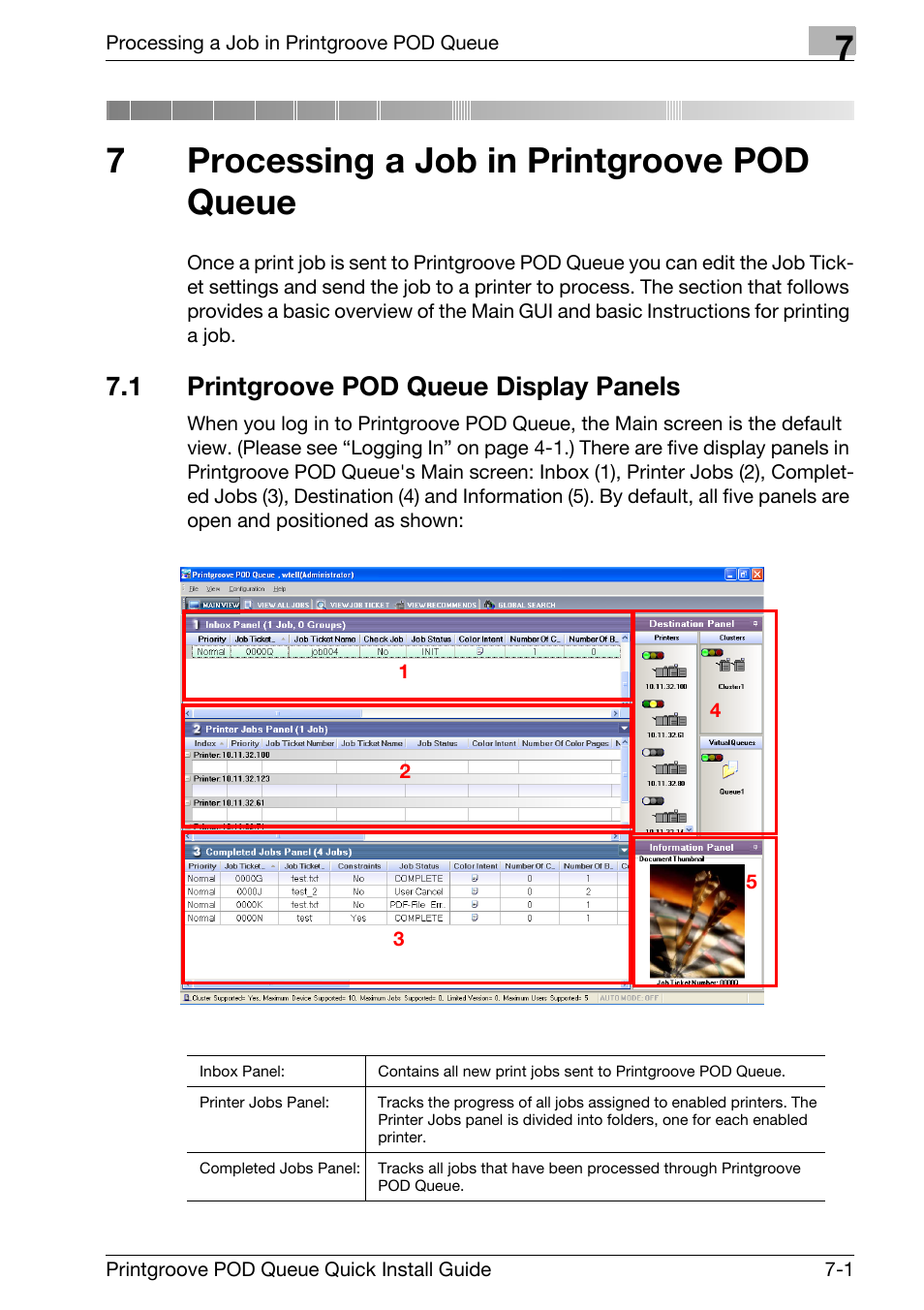 7 processing a job in printgroove pod queue, 1 printgroove pod queue display panels, Processing a job in printgroove pod queue | Printgroove pod queue display panels -1, 7processing a job in printgroove pod queue | Konica Minolta Printgroove User Manual | Page 48 / 56