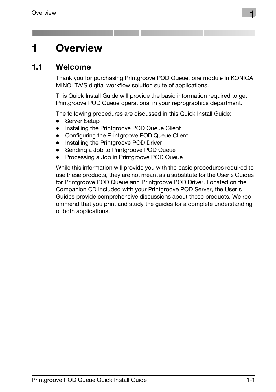 1 overview, 1 welcome, Overview | Welcome -1, 1overview | Konica Minolta Printgroove User Manual | Page 6 / 56