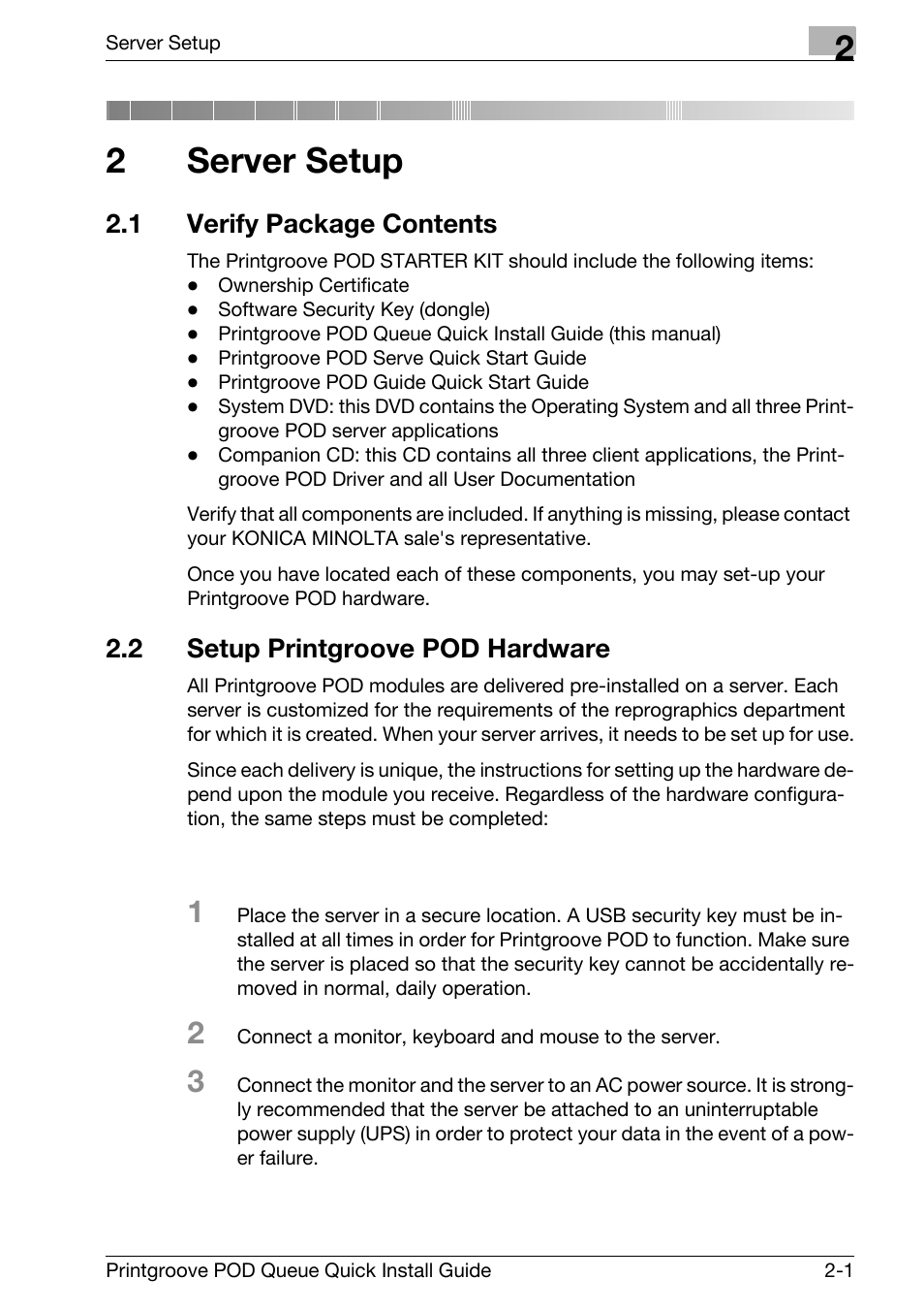 2 server setup, 1 verify package contents, 2 setup printgroove pod hardware | Server setup, Verify package contents -1, Setup printgroove pod hardware -1, 2server setup | Konica Minolta Printgroove User Manual | Page 8 / 56