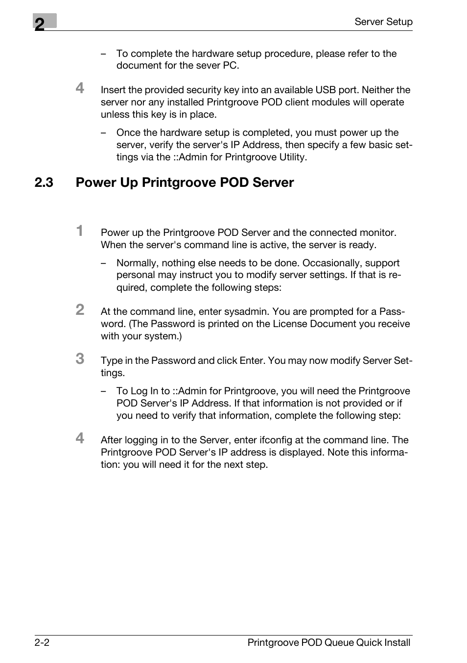 3 power up printgroove pod server, Power up printgroove pod server -2 | Konica Minolta Printgroove User Manual | Page 9 / 56