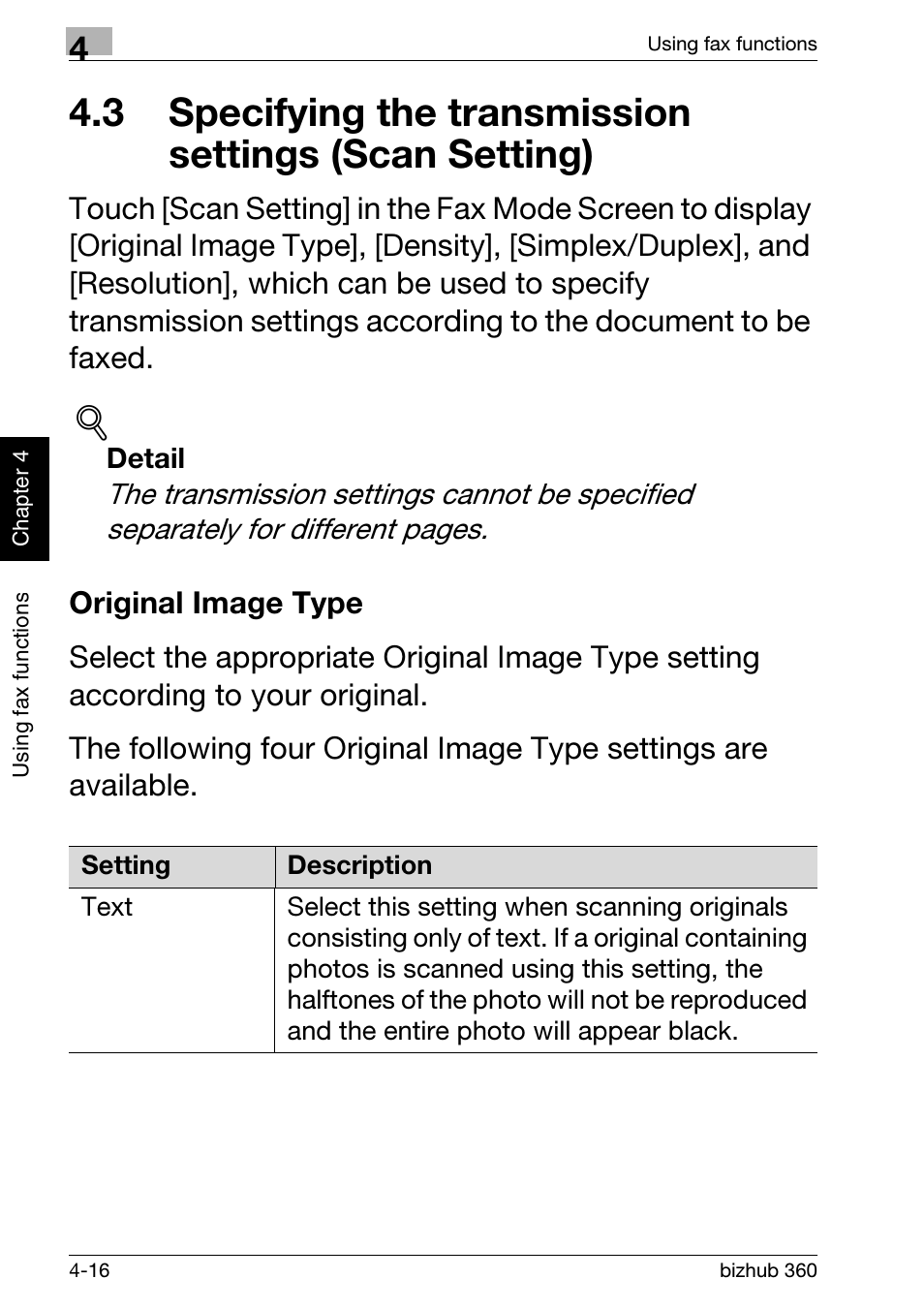 Original image type, 3 specifying the transmission settings (scan, Setting) -16 | Original image type -16 | Konica Minolta bizhub 360 User Manual | Page 124 / 152