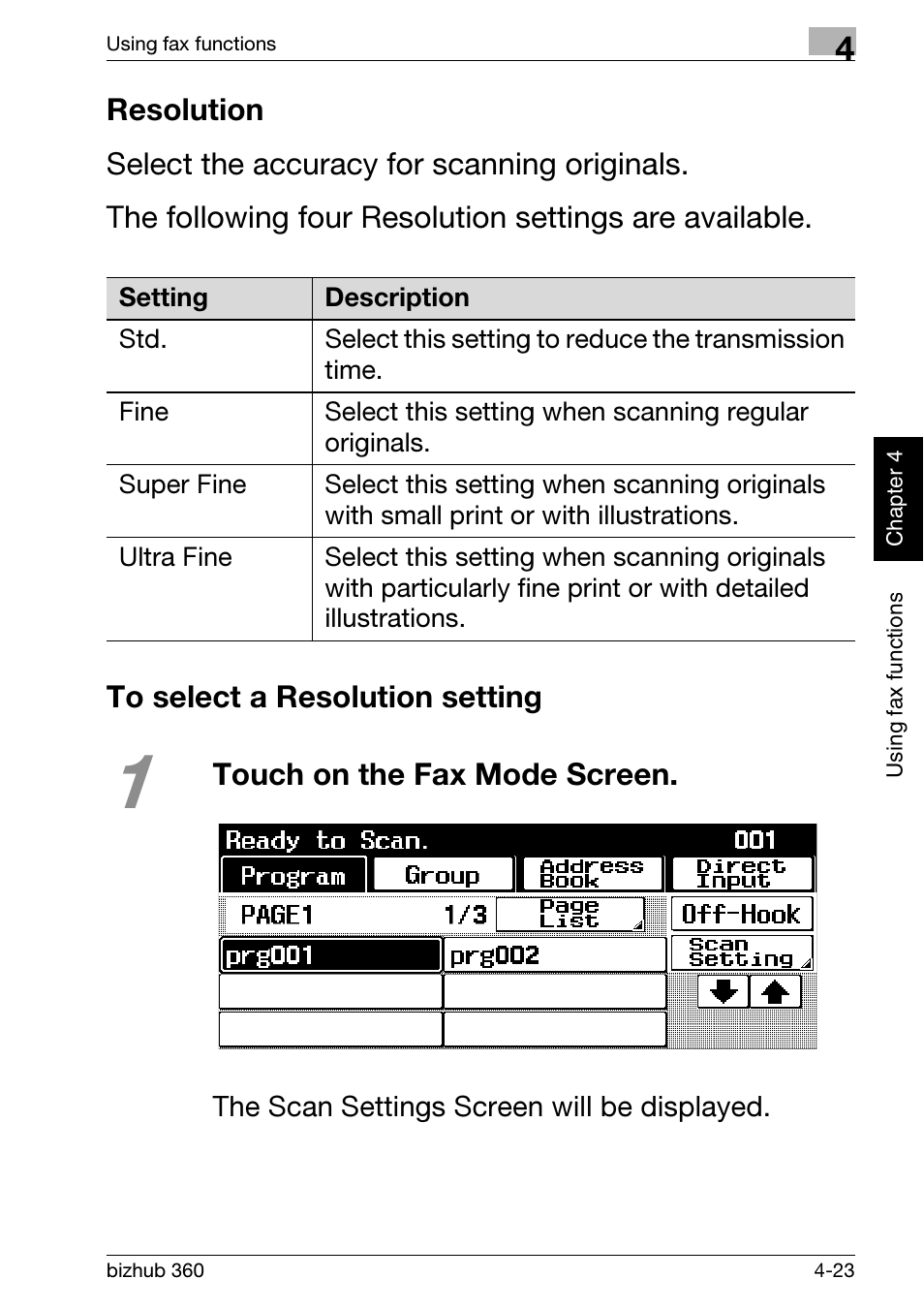 Resolution, To select a resolution setting, Resolution -23 to select a resolution setting -23 | Konica Minolta bizhub 360 User Manual | Page 131 / 152