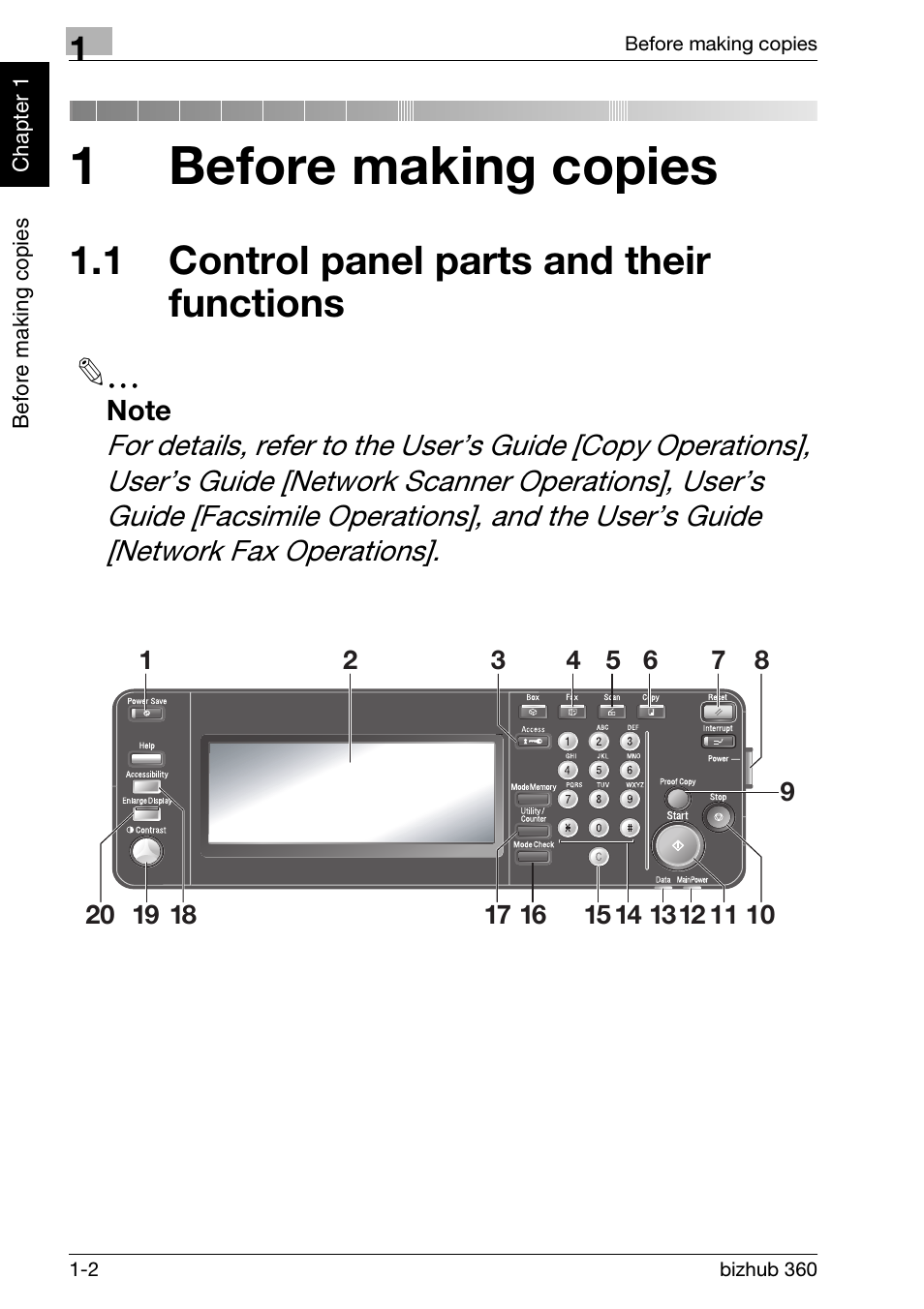 1 before making copies, 1 control panel parts and their functions, 1 control panel parts and their functions .1-2 | 1before making copies | Konica Minolta bizhub 360 User Manual | Page 14 / 152