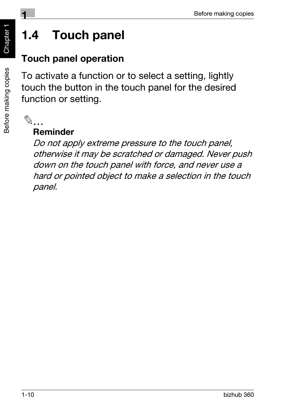 4 touch panel, Touch panel operation, 4 touch panel -10 | Touch panel operation -10 | Konica Minolta bizhub 360 User Manual | Page 22 / 152