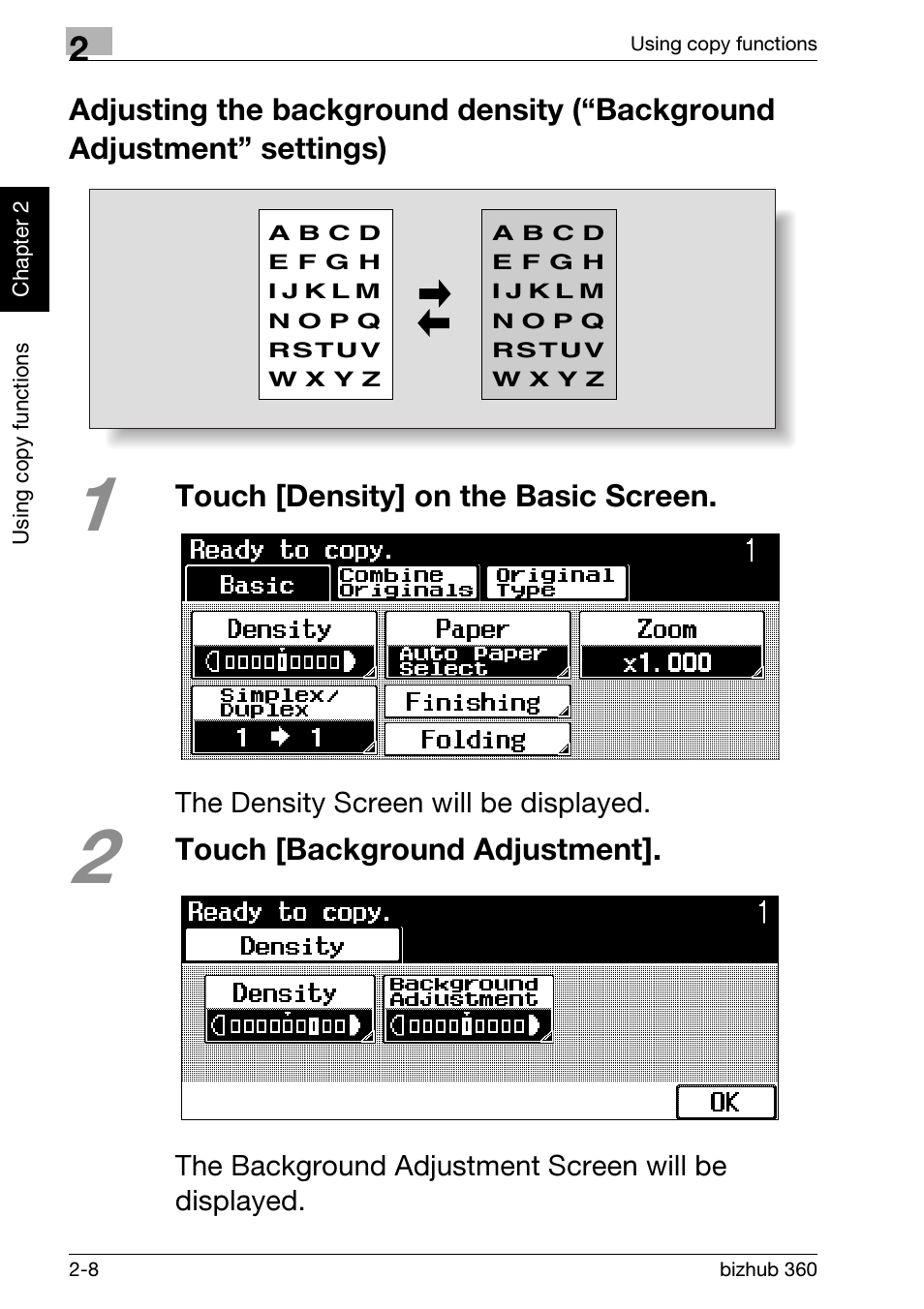 Touch [density] on the basic screen, Touch [background adjustment | Konica Minolta bizhub 360 User Manual | Page 46 / 152
