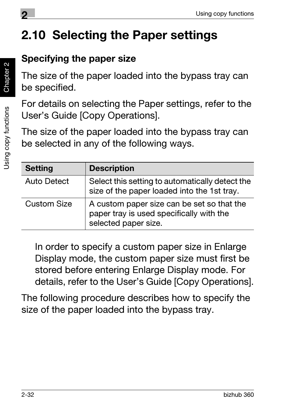 10 selecting the paper settings, Specifying the paper size, 10selecting the paper settings -32 | Specifying the paper size -32 | Konica Minolta bizhub 360 User Manual | Page 70 / 152