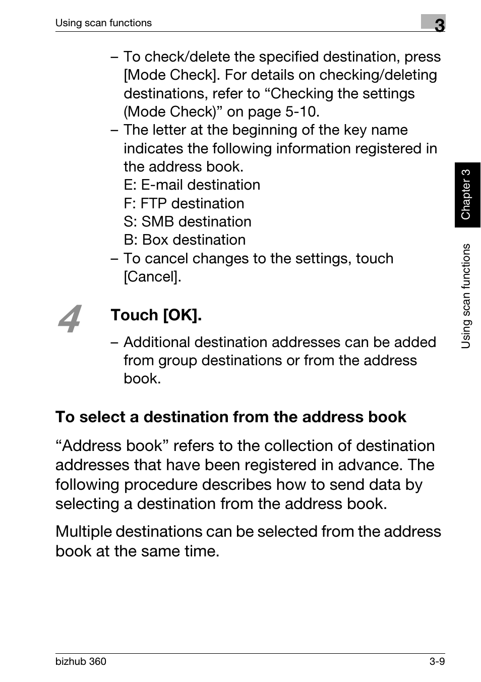 To select a destination from the address book, To select a destination from the address book -9 | Konica Minolta bizhub 360 User Manual | Page 89 / 152