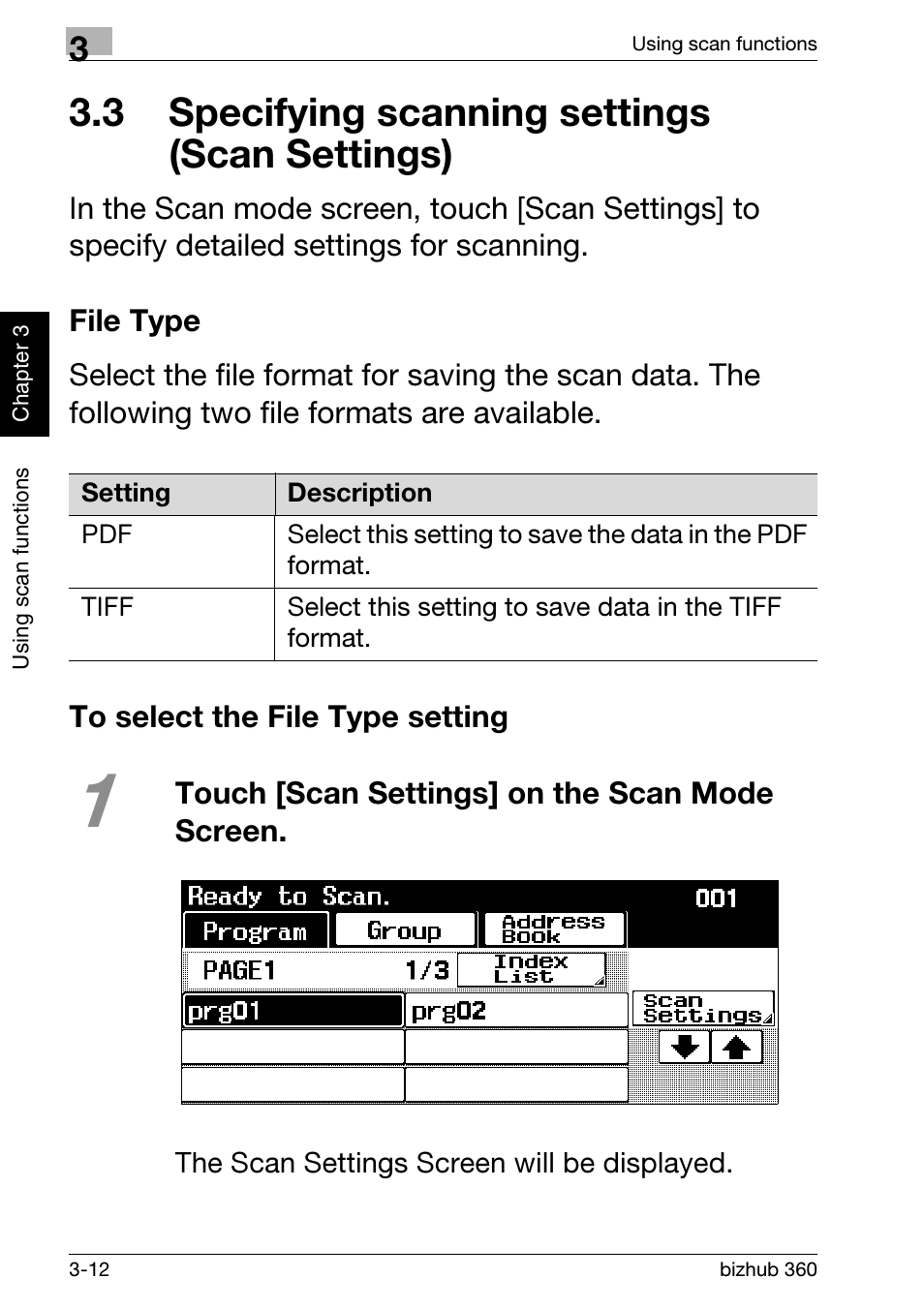 3 specifying scanning settings (scan settings), File type, To select the file type setting | 3 specifying scanning settings (scan, Settings) -12, File type -12 to select the file type setting -12 | Konica Minolta bizhub 360 User Manual | Page 92 / 152