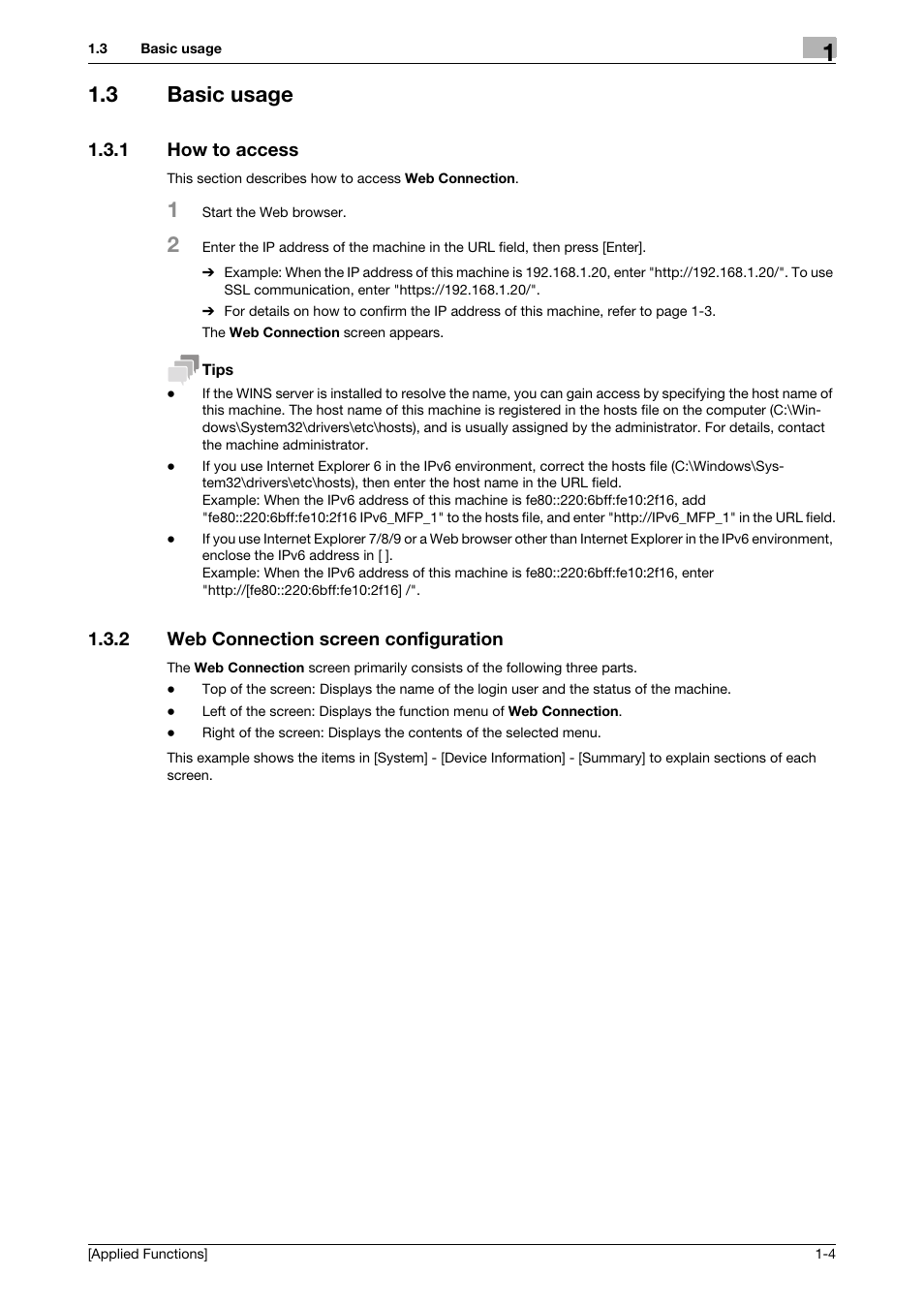 3 basic usage, 1 how to access, 2 web connection screen configuration | Basic usage -4, How to access -4, Web connection screen configuration -4 | Konica Minolta bizhub C3350 User Manual | Page 10 / 153