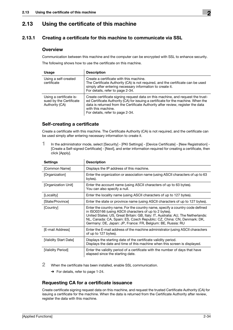 13 using the certificate of this machine, Overview, Self-creating a certificate | Requesting ca for a certificate issuance, Using the certificate of this machine -34 | Konica Minolta bizhub C3350 User Manual | Page 102 / 153