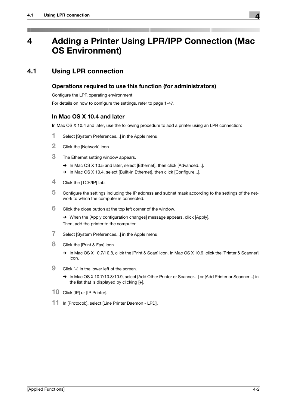 1 using lpr connection, In mac os x 10.4 and later | Konica Minolta bizhub C3350 User Manual | Page 129 / 153