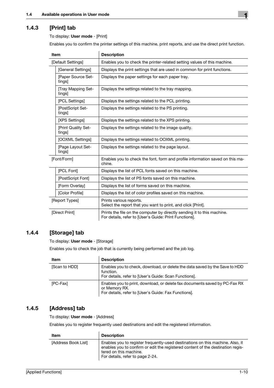 3 [print] tab, 4 [storage] tab, 5 [address] tab | Print] tab -10, Storage] tab -10, Address] tab -10 | Konica Minolta bizhub C3350 User Manual | Page 16 / 153